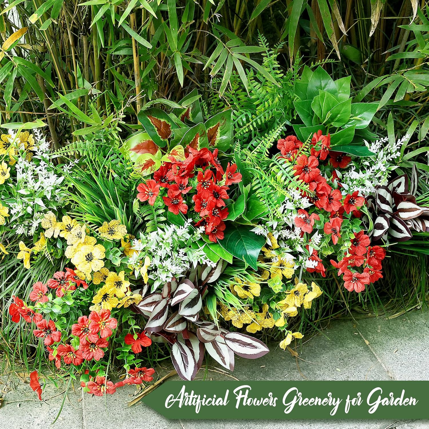 28 Bundles Outdoor Artificial Plants UV Resistant Spring Summer Decor Fake Greenery Faux Plastic Flower Plants Outside for Garden Porch Planter Window Box Hanging Baskets Decor (Red & Yellow) - Image 3