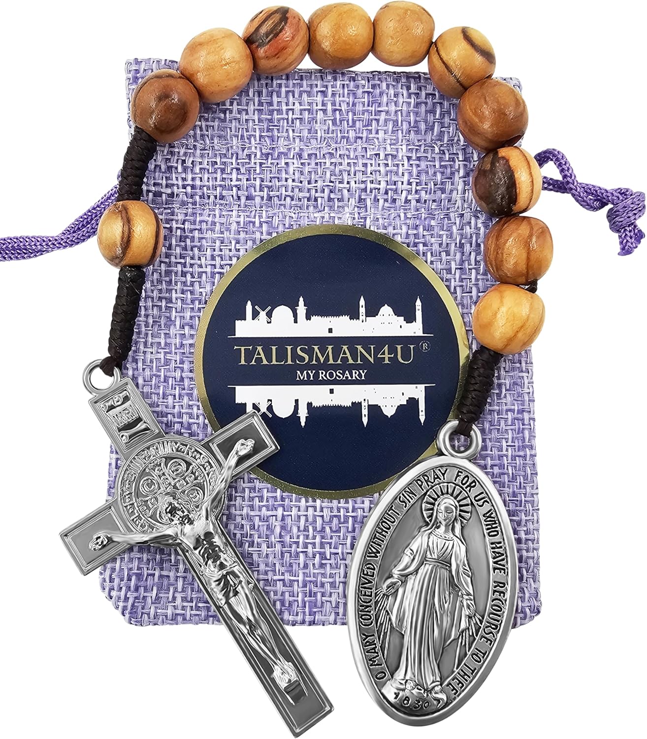 TALISMAN4U St Benedict Medal Cross Large Miraculous Medal One Decade Pocket Rosary 10 mm Olive Wood Prayer Beads Open Style Tenner Rosaries for Men Women Handmade Catholic Gift Linen Rosary Pouch - Image 5