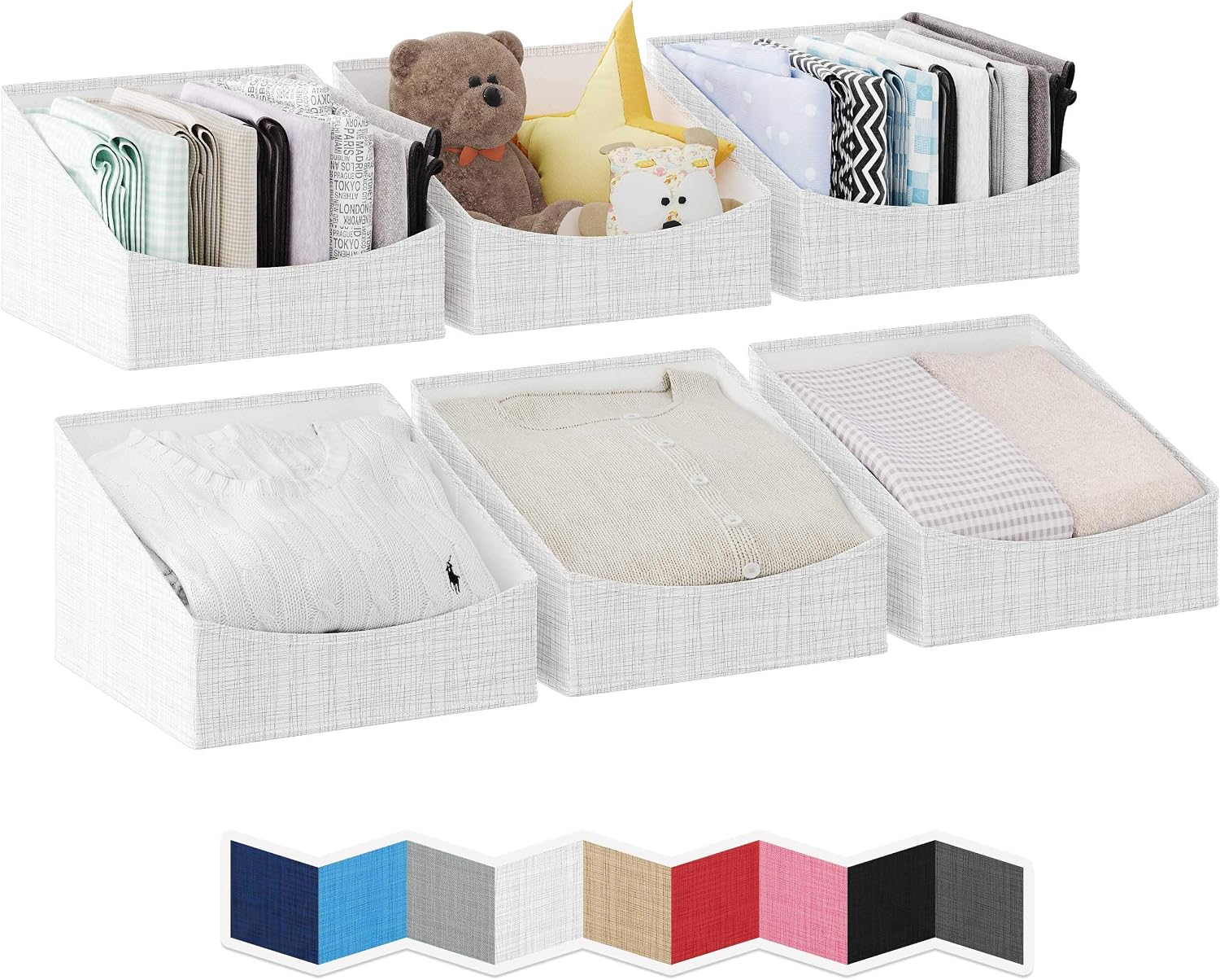 NEATERIZE Storage Baskets For Shelves - [Set of 6] - Sloped Cut Closet Storage Cube Bins | Fabric Cloth Organizing Shelf Organizer Bins For Bathroom Nursery Towels Linen And Shoes (Small – White-Grey)