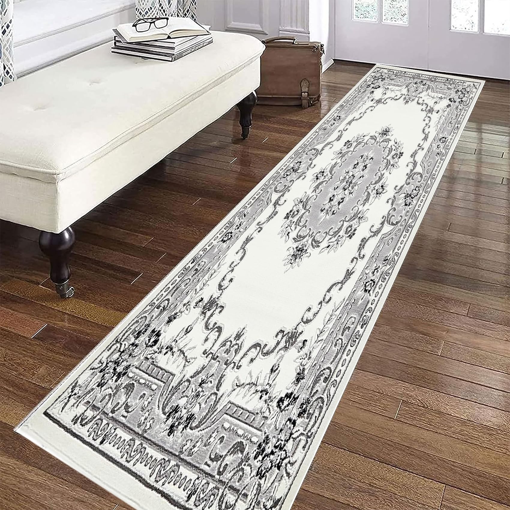 Teppich Läufer Flur - Teppiche 80 x 500 cm Wetterfest waschbar rutschfest Vor Dem Waschbecken Küchenteppiche mit rutschfestem Gelrücken für Esszimmer, Küche, läufer Flur, Weiß