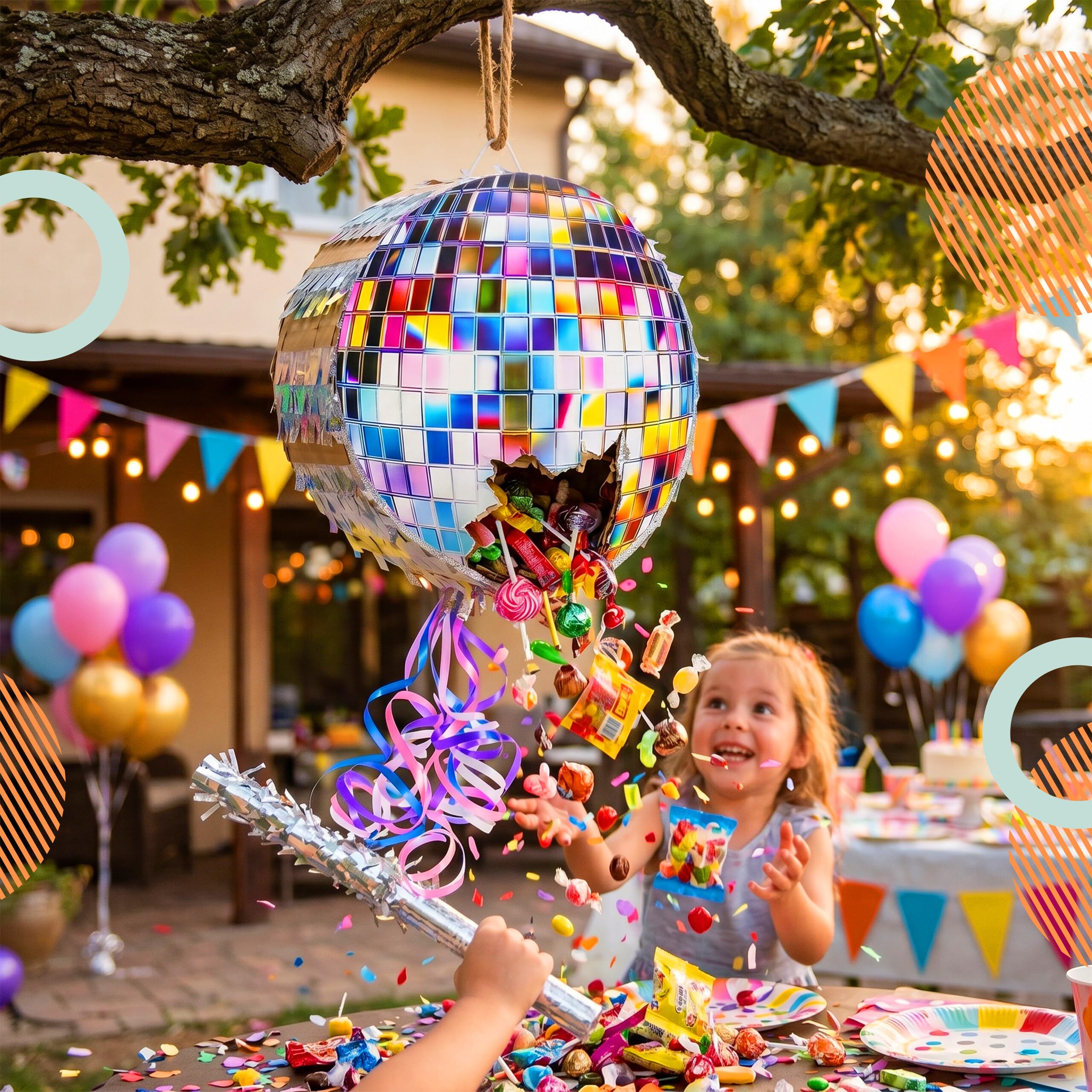 Relaxdays Pinata kula dyskotekowa z prętem i maską, Partypinata dla dzieci, szpinata urodzinowa, do napełniania, dł. x gł.: 30 x 8 cm, srebrna