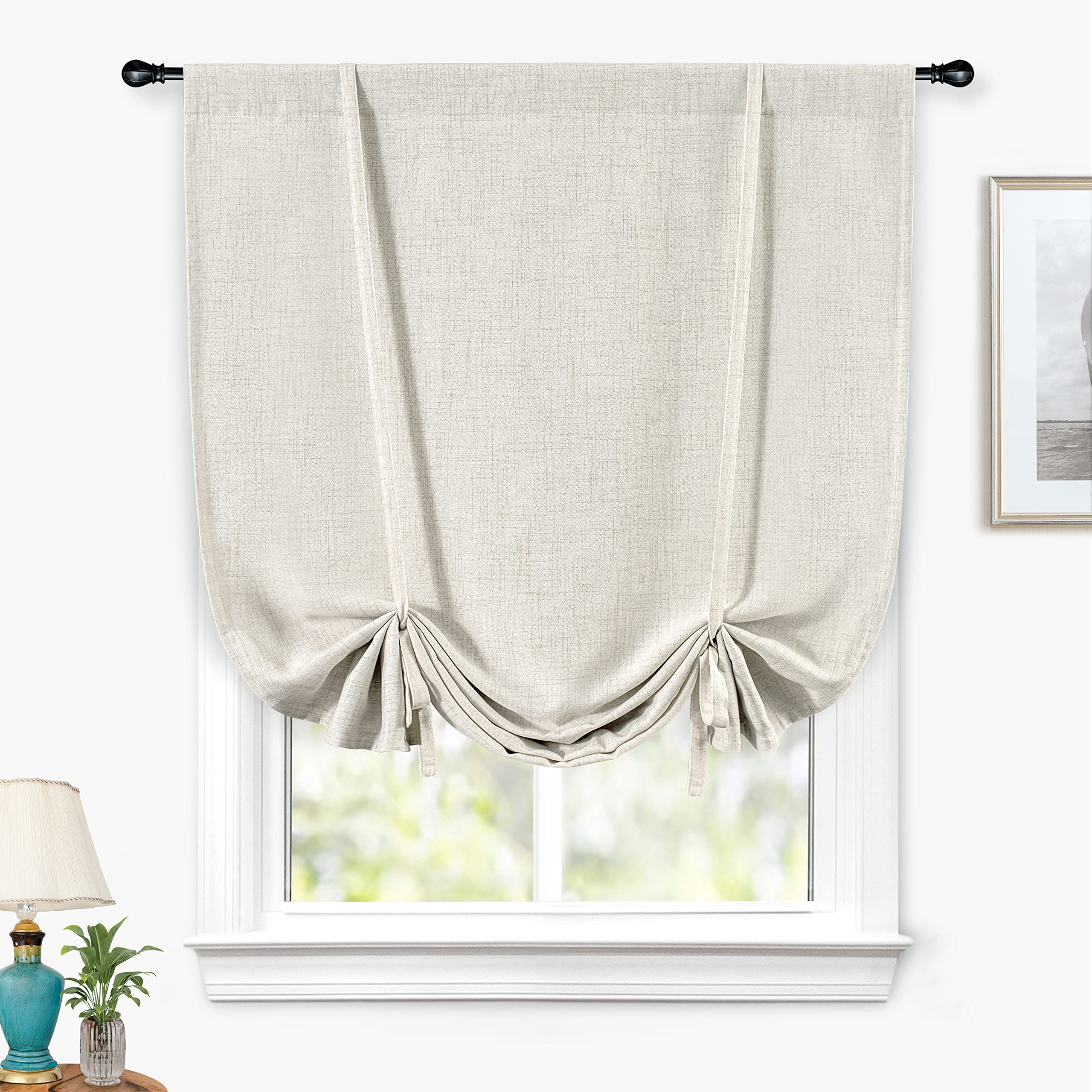 DriftAway Blackout Linen Textured Solid Basic Room Darkening Thermal Insulated Tie Up Adjustable Balloon Rod Pocket Linen Curtains for Small Window 39 Inch by 55 Inch Light Linen