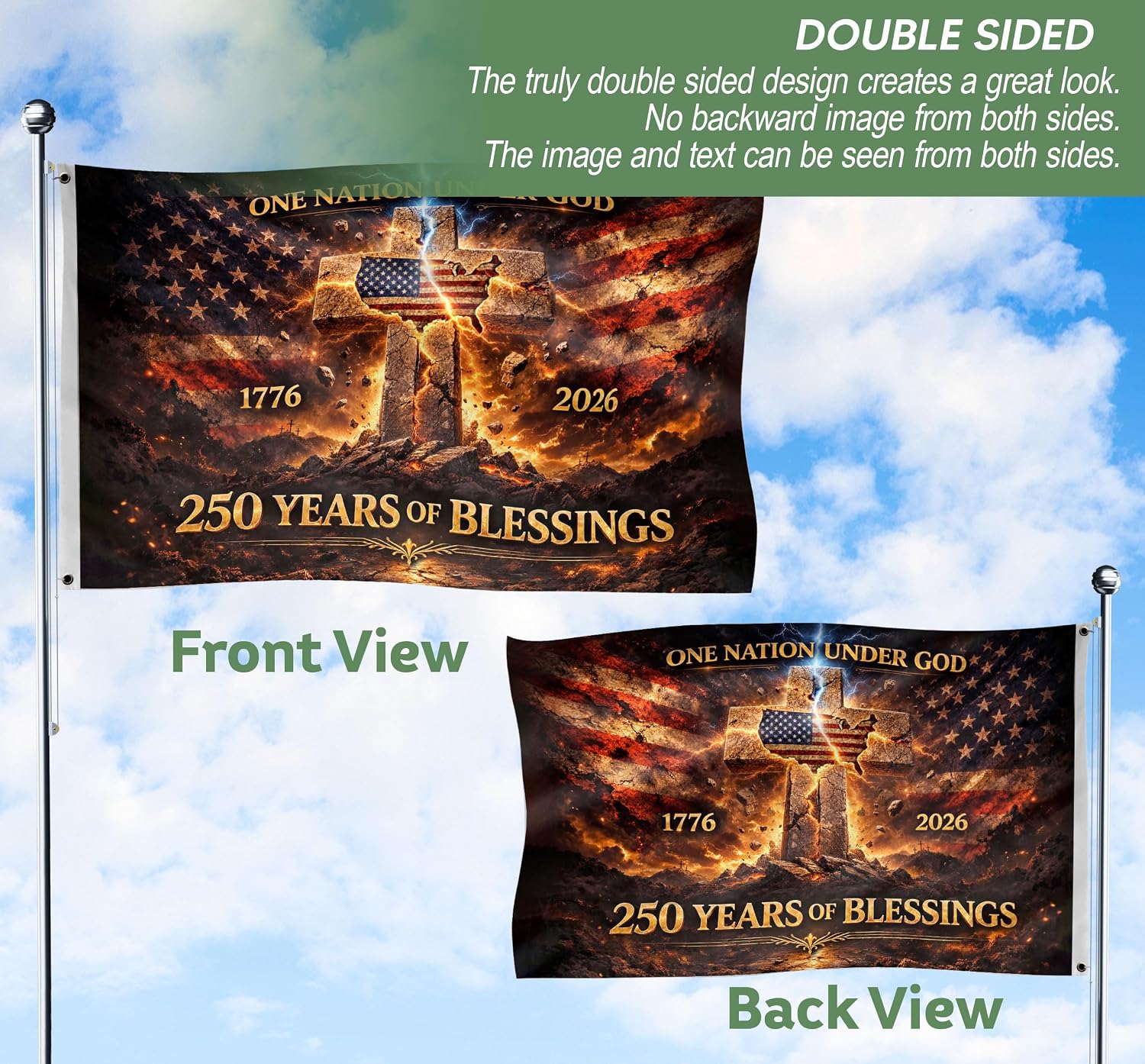 Christian Patriot American Flags, One Nation Under God Flag With Brass Grommets, 250 Years Of Blessings Flag 3x5 Ft, Patriotic Cross Design Decor House, Double-sided Printing, 1776-2026 Commemorative Banner 5
