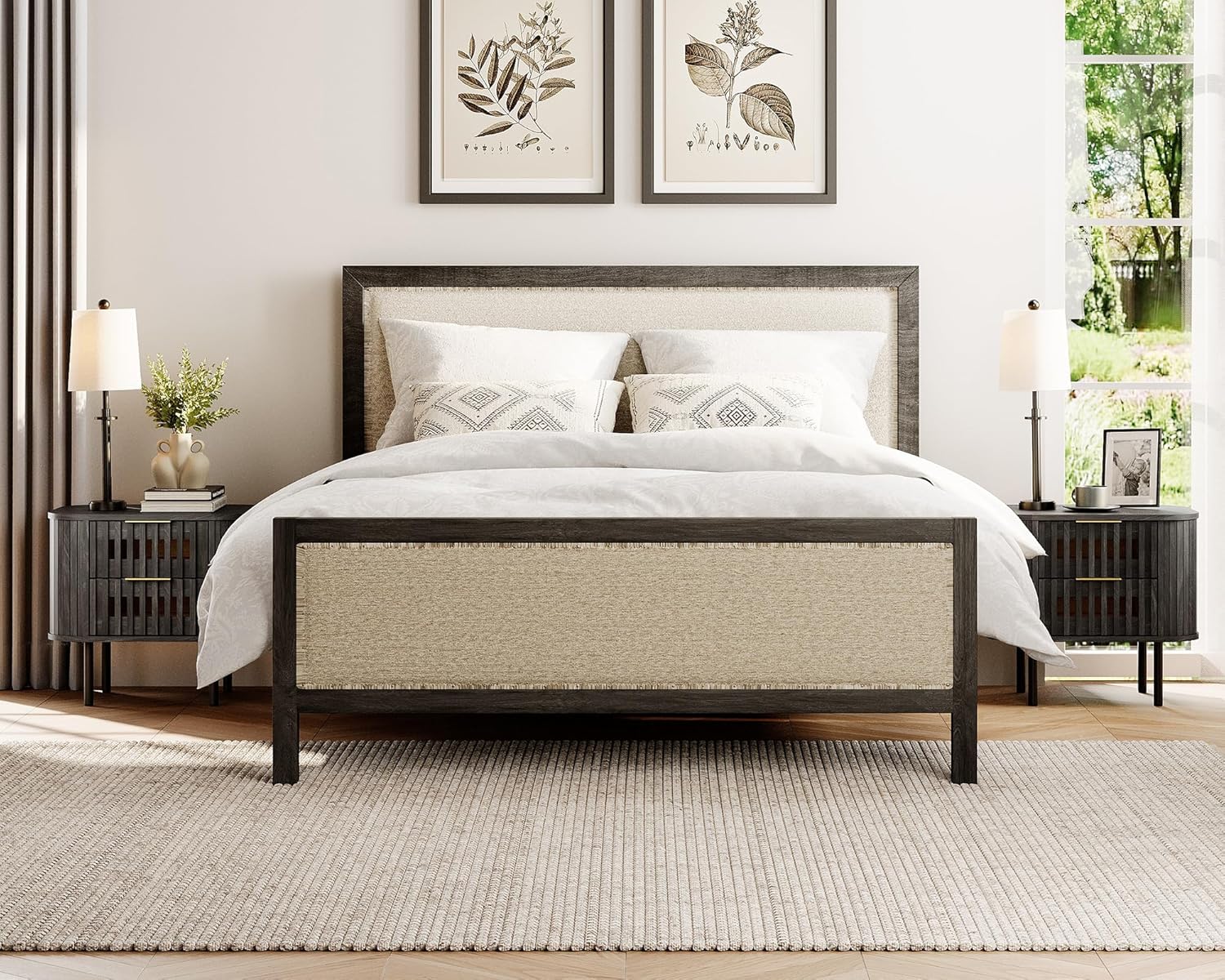 WAMPAT Fluted Nightstand Set of 2, Wood Bedside Table with 2 Drawers, Mid Century Modern End Table for Bedroom, Living Room, Black, 2 Pack