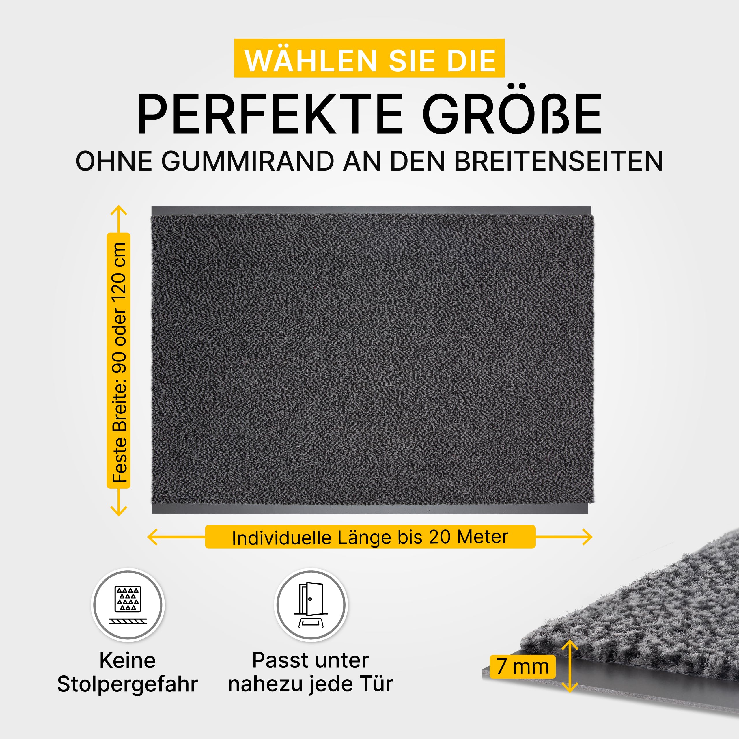 Entrando Schmutzfangmatte auf Maß - 90 cm oder 120 cm Breite - Länge wählbar 20 Meter - mit oder ohne Gummirand an den Schnittkanten schmutzfangteppich meterware sauberlaufmatte (Anthrazit Schwarz)