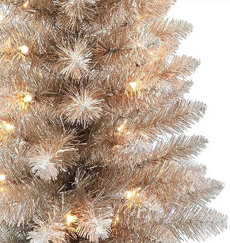 Miniatura 4 de Puleo International - Árbol artificial de oro rosa preiluminado de 4 pies en bolsa de arpillera, 146 puntas, 70 luces transparentes