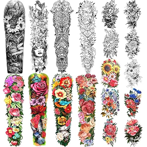 Temporary Tattoo Full Arm 8 Sheets and Half Arm Shoulder Waterproof Fake Tattoos 10 Sheets, Extra Large LastingTattoo Stickers for Girls or Women - Peony