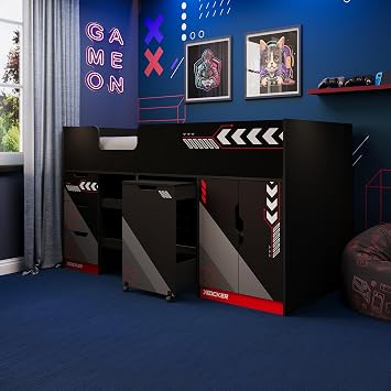 X-Rocker Octane 3ft Kids Cabin Bed Frame with Spacious Storage, Stylish Mid Sleeper Bed for Children with Gaming Desk, 3 Drawers with Slides, 2 Door Cupboard, Red, 90x190cm