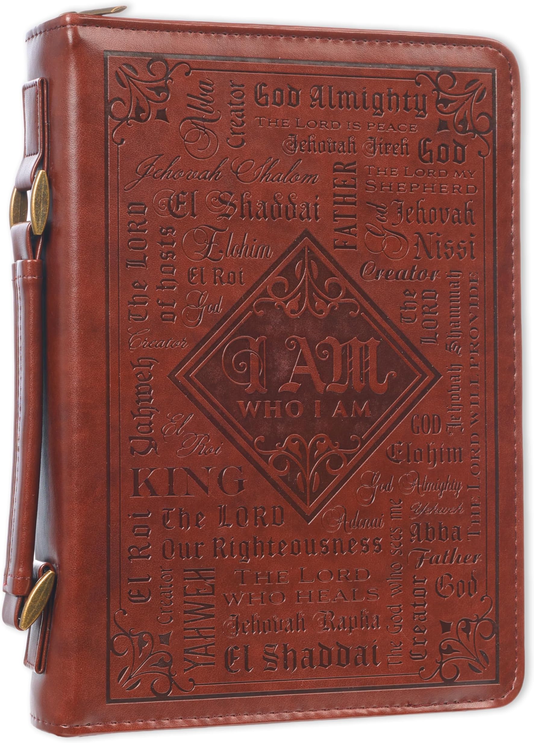 Christian Art Gifts Men's Classic Bible Cover Names of God Exodus 34:6, Brown Faux Leather, XL