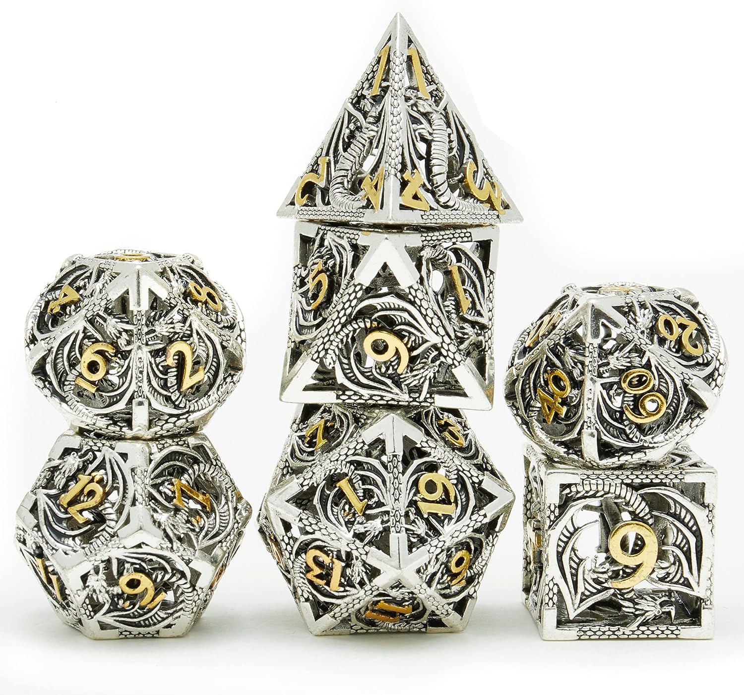 Metal DND Dragon Dice Set Dungeons and Dragons for Role Playing Games (RPG) MTG Pathfinder Tabletop Games(Ancient Silver Gold)