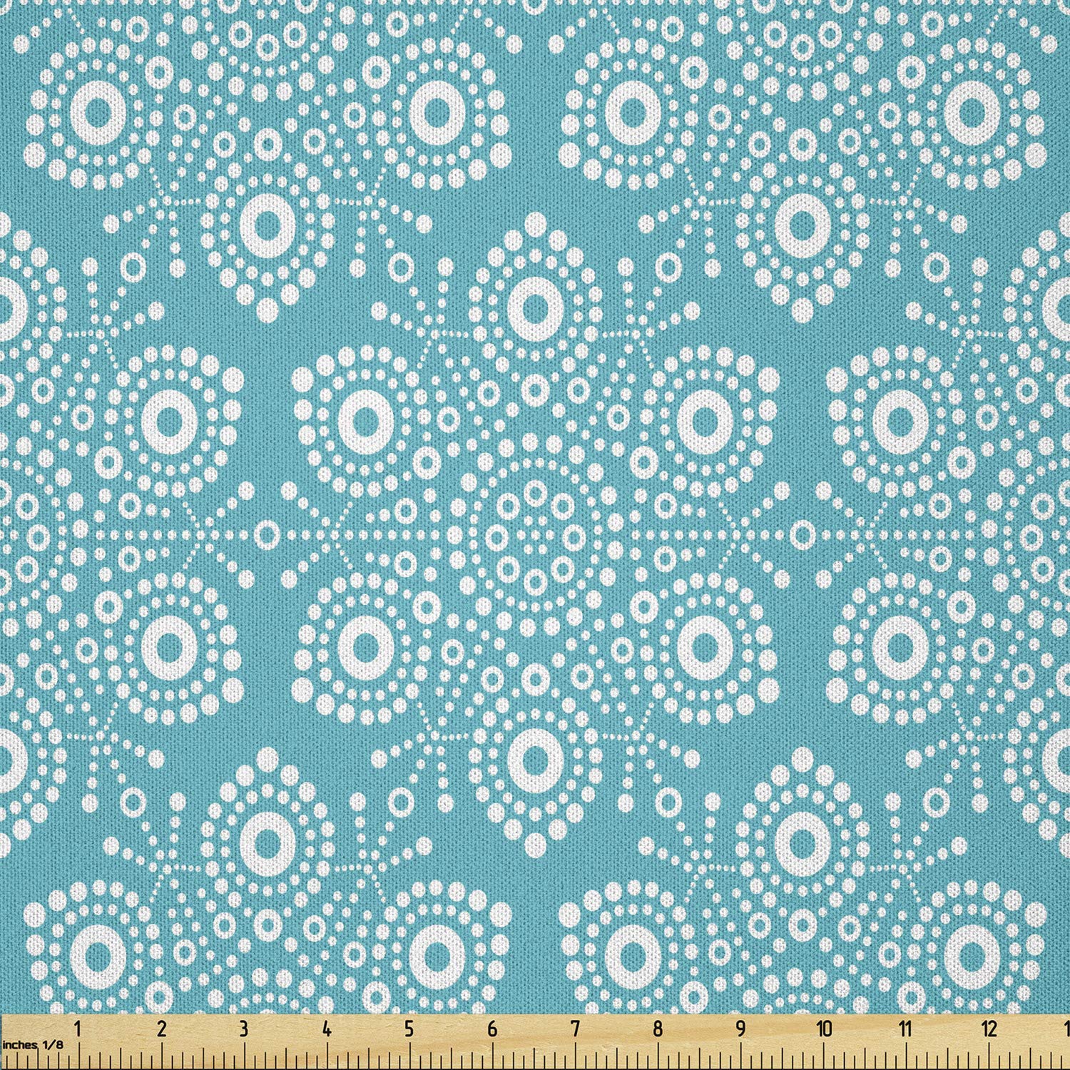 LunarableTurquoise and White Fabric by The Yard, Pointillist Style Flower Petals Australian Aboriginal Folk Art, Microfiber Fabric for Arts and Crafts Textiles & Decor, 1 Yard, White Turquoise