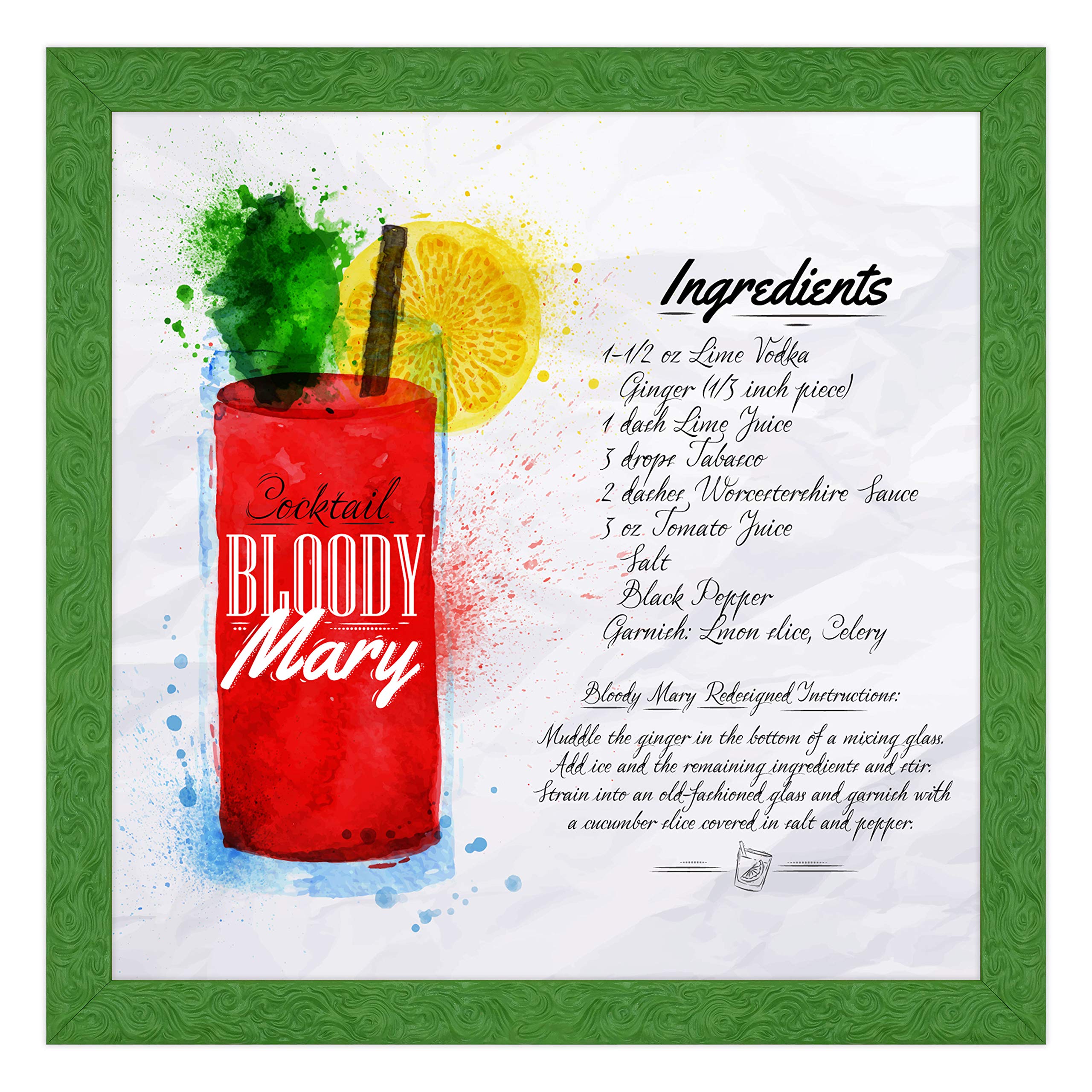Poster e Stampa con Cornice Moderna - Bloody Mary Cocktail - Design Arredamento Bar - 70x70cm - Moderna Sagomata Effetto Onda Verde