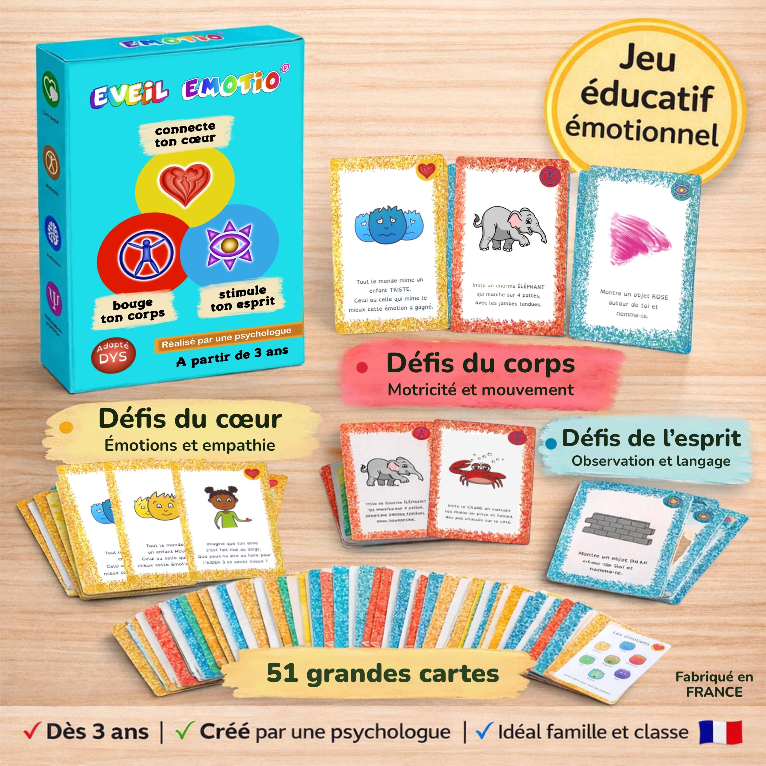 EVEIL Jeu de Cartes éducatif pour Le Coeur, Le Corps et l'esprit | Intelligence, Motricité, Emotions, Concentration, Mémoire | À partir de 3 Ans | Fabriqué en France