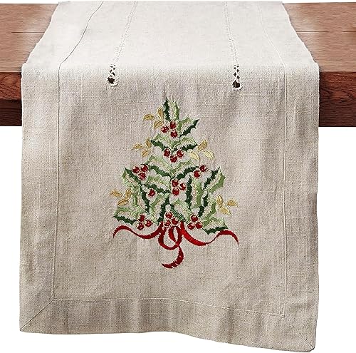 SARO LIFESTYLE 60041.N1690B Holly Collection - Camino de mesa bordado con árbol de Navidad, 16 x 90 pulgadas, natural