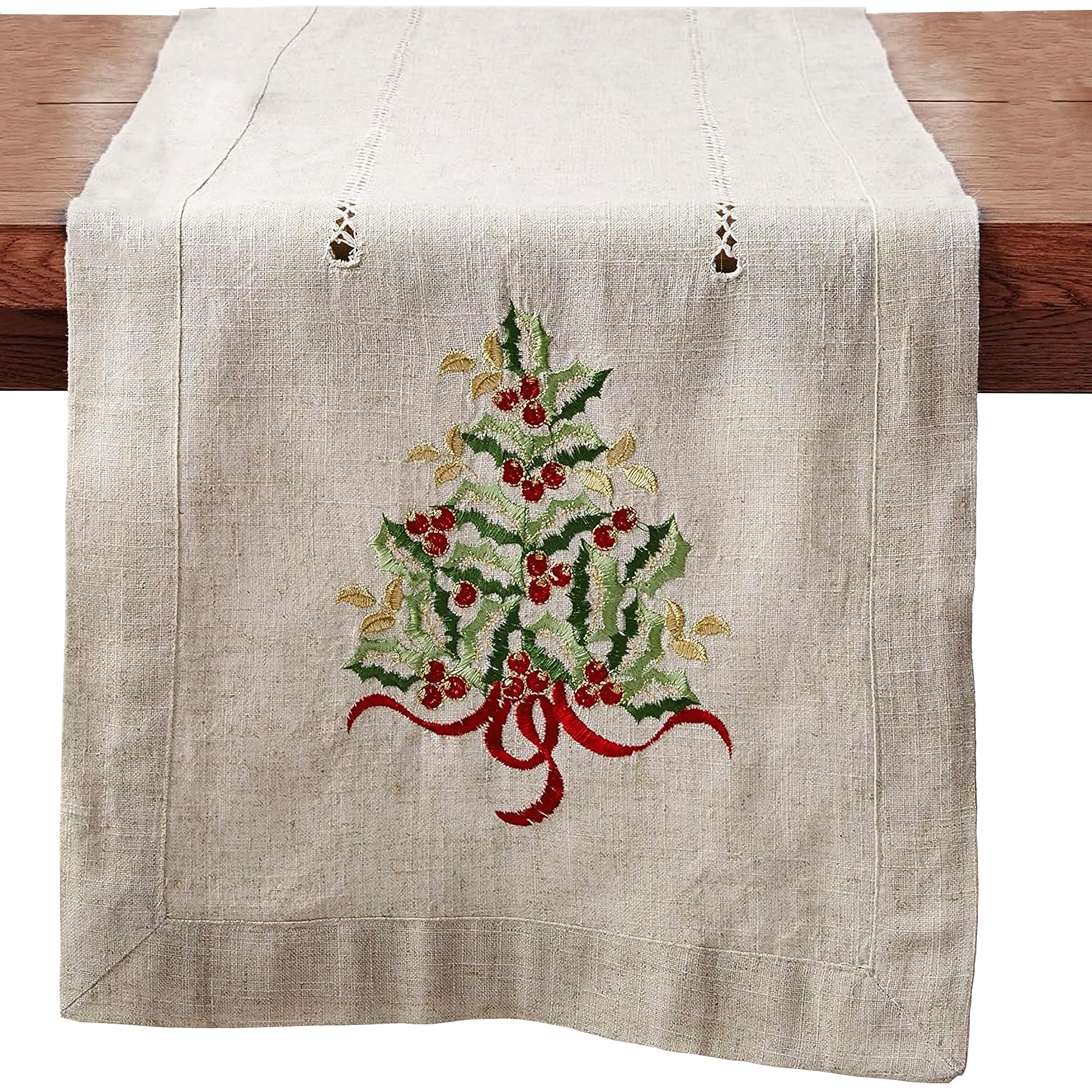 SARO LIFESTYLE 60041.N1690B Holly Collection Christmas Tree Embroidered Table Runner, 80% polyester-20% Linen, Natural