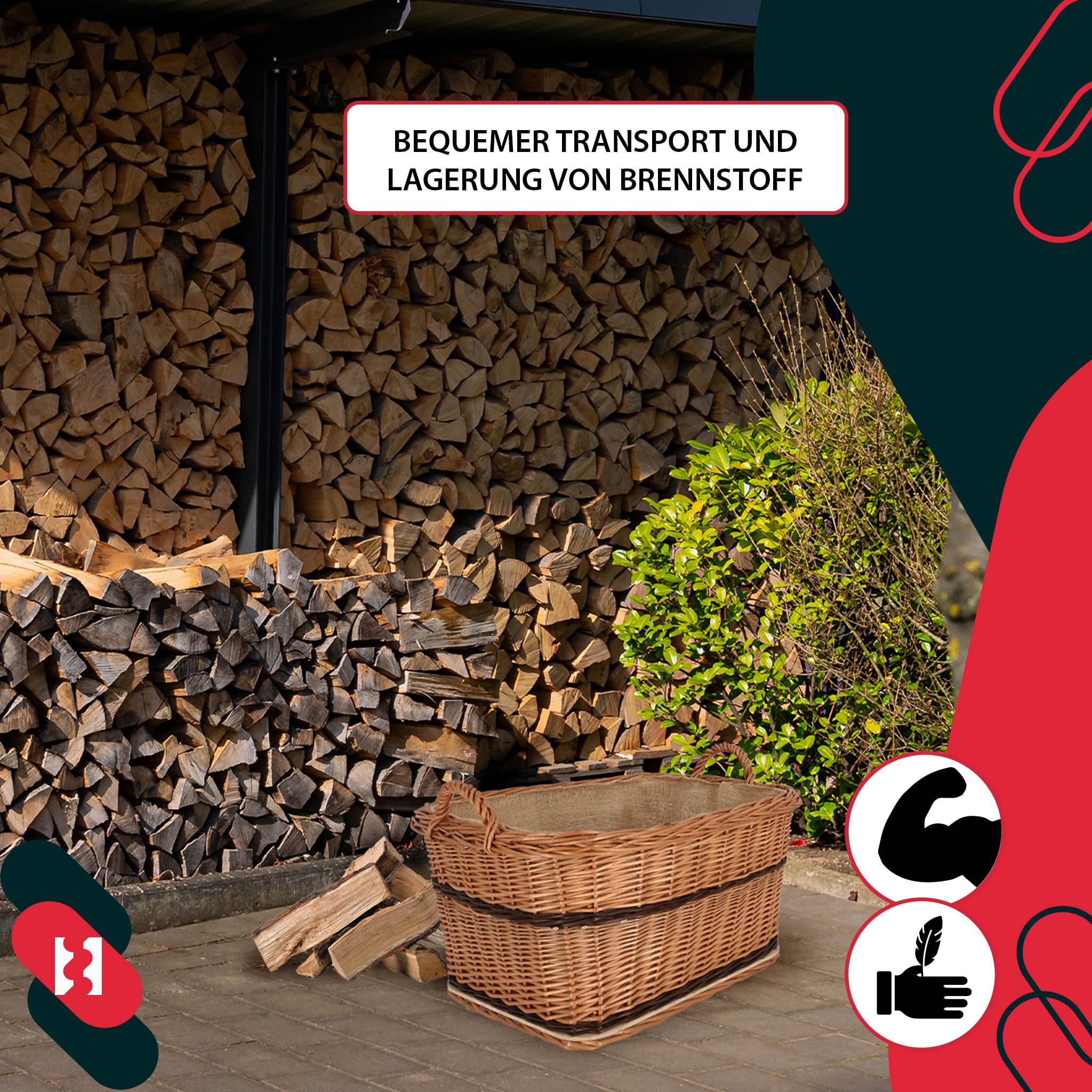 KOTARBAU® Cesto Vimini - Cesta Porta Legna Camino - 55 x 45 cm - Bicolore - Cestino in Vimini con Manico - Cesta Legna - Rustico - Robusto - per Interni