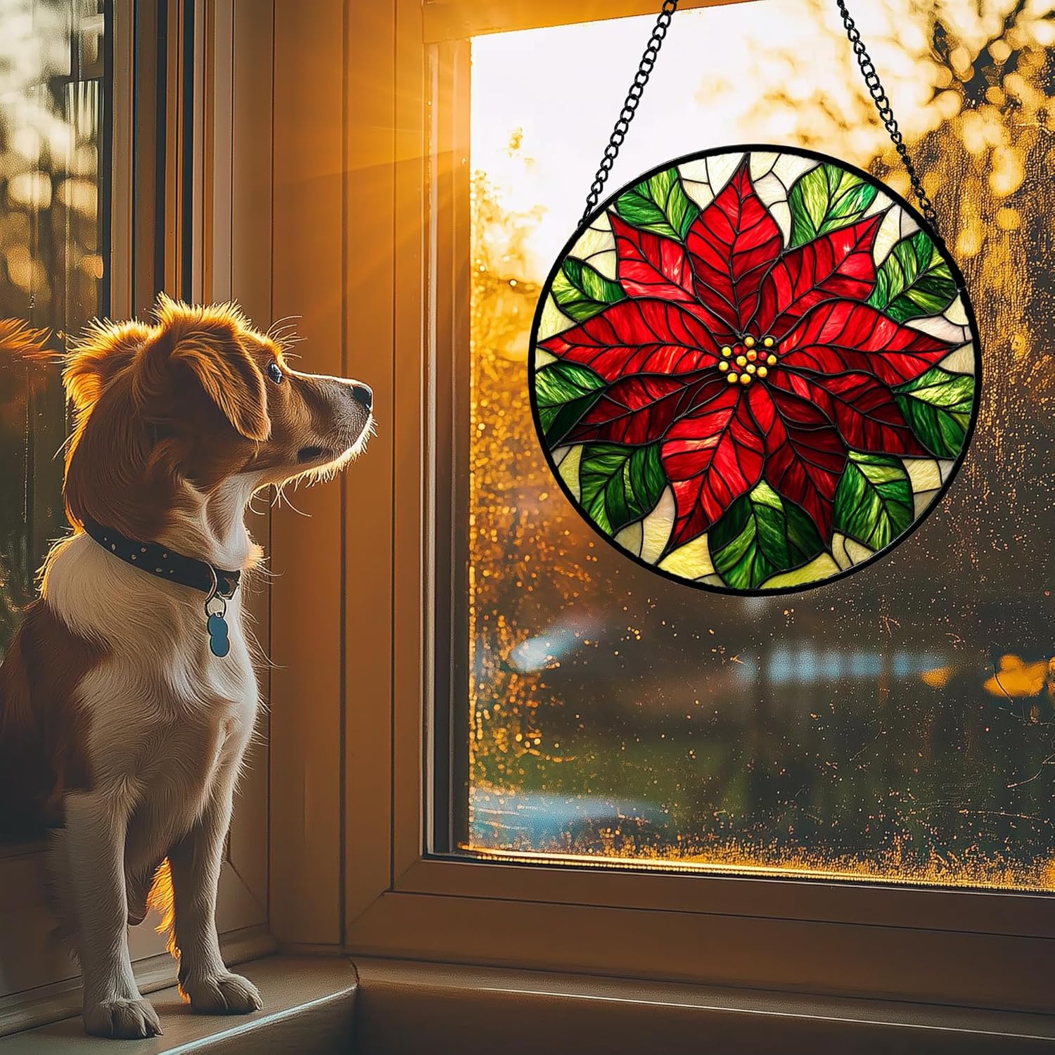 Stained Glass Window Hanging - Poinsettia Suncatcher for Door Garden Home Decor Birth Flower Sun Catcher Birthday Mother's Day for Lovers Friend Women Mom Nana 9.8 in