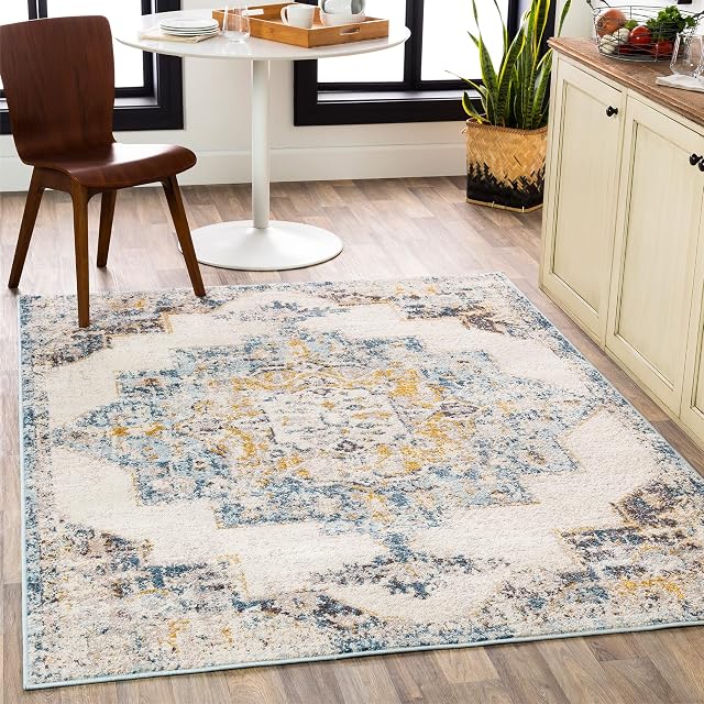 Surya Orlando Vintage Rug - Area Rugs Living Room, Bedroom, Kitchen - Traditional Oriental Coloured Boho Rug, Easy Care Medium Pile - Large Rug 160x213cm Blue, Mustard and Beige Rug