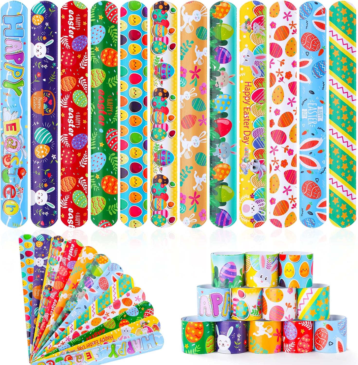 GlyinnHe 48Pcs Easter Slap Bracelets, Easter Snap Bracelet Bunny Egg Wrisrtband for Easter Party Favors Basket Bag Filler School Prizes Birthday Gifts