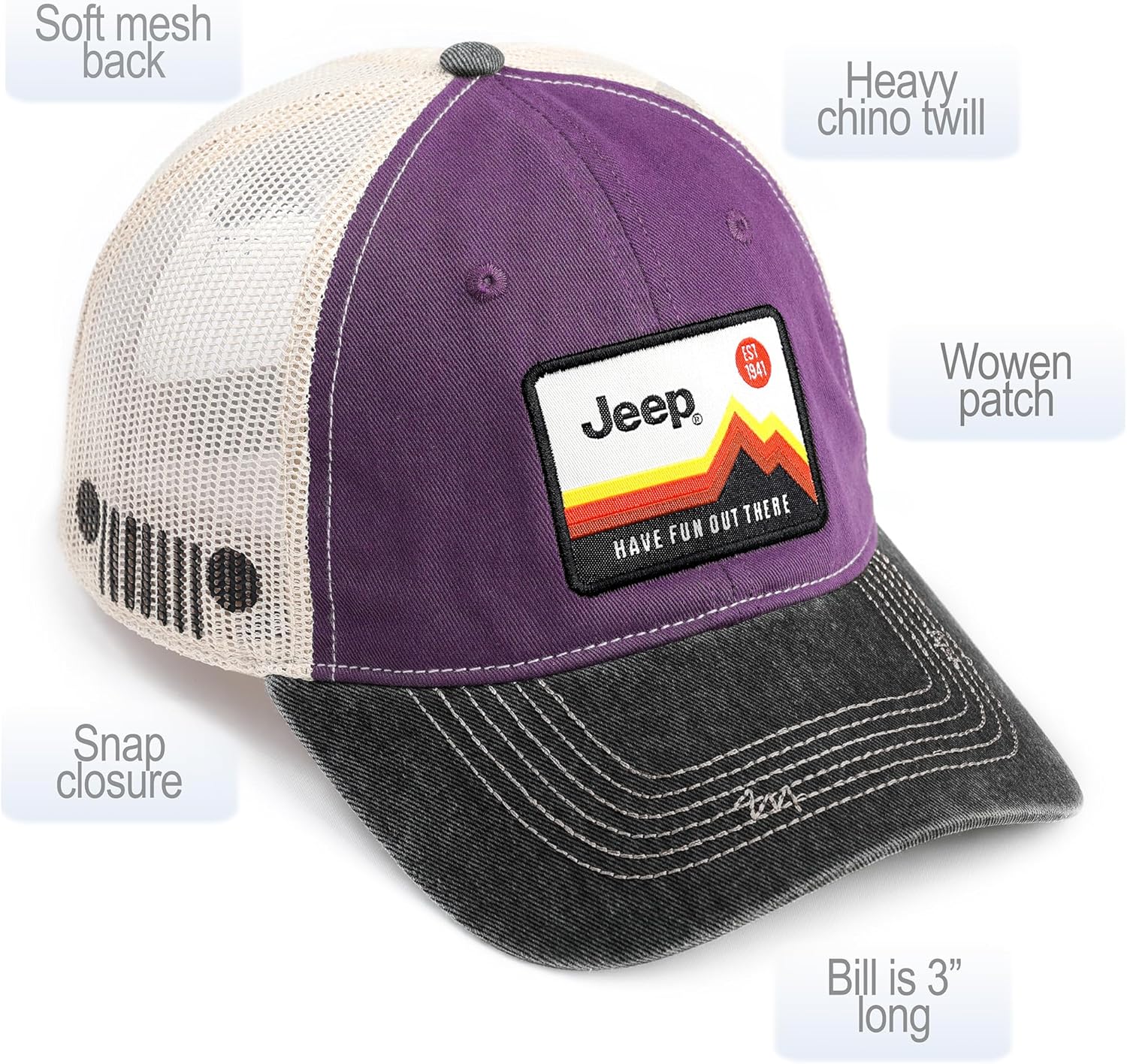 Jeep Have Fun Out There Patch Garment Washed Trucker Hat Unstructured for Men & Women - Adjustable Snapback Baseball Cap