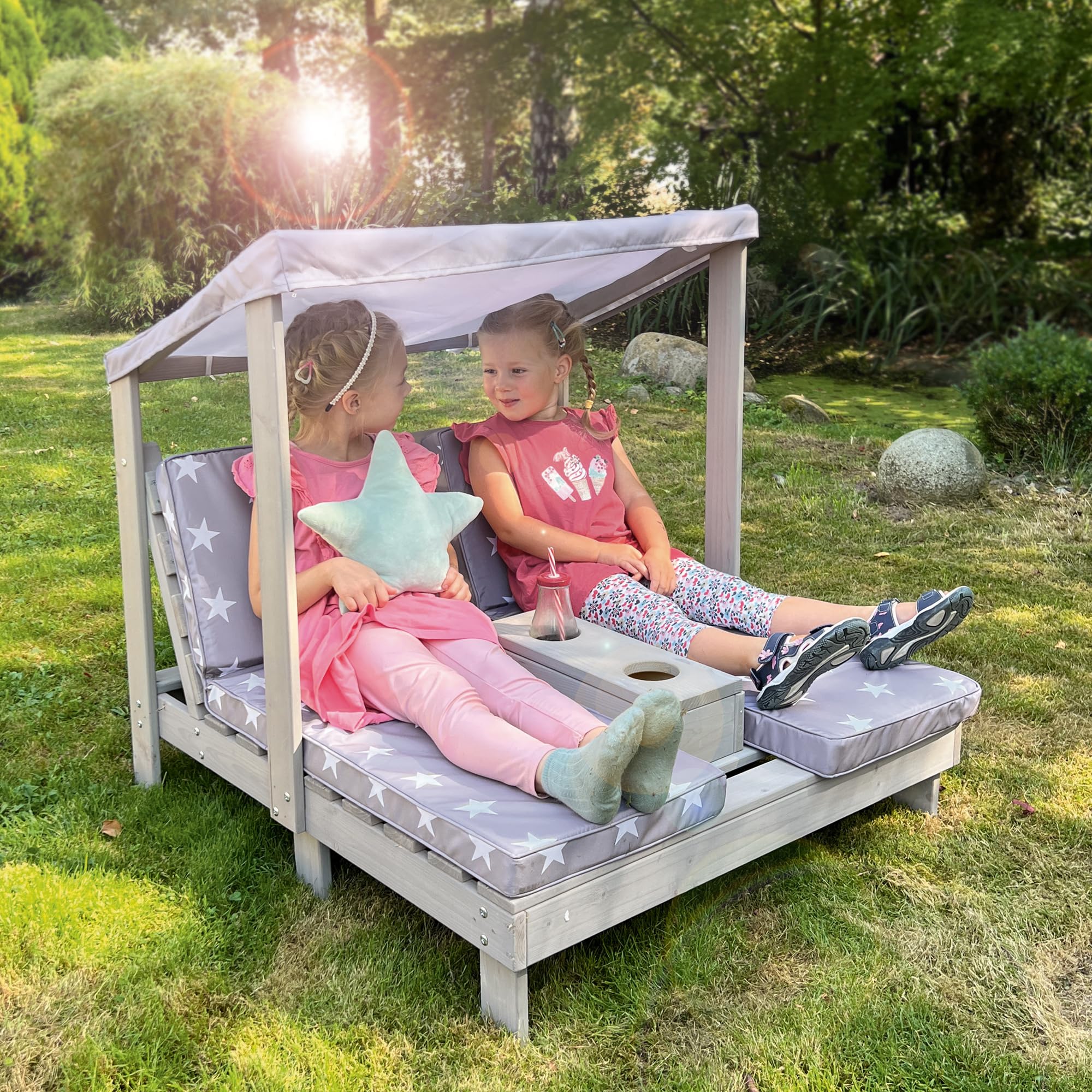 roba Double Chaise Longue pour Enfants avec Coussins Little Stars Déhoussables - Porte Gobelet et Pare-Soleil - Supporte Jusqu'à 100 kg - Bois Gris Résistant aux Intempéries