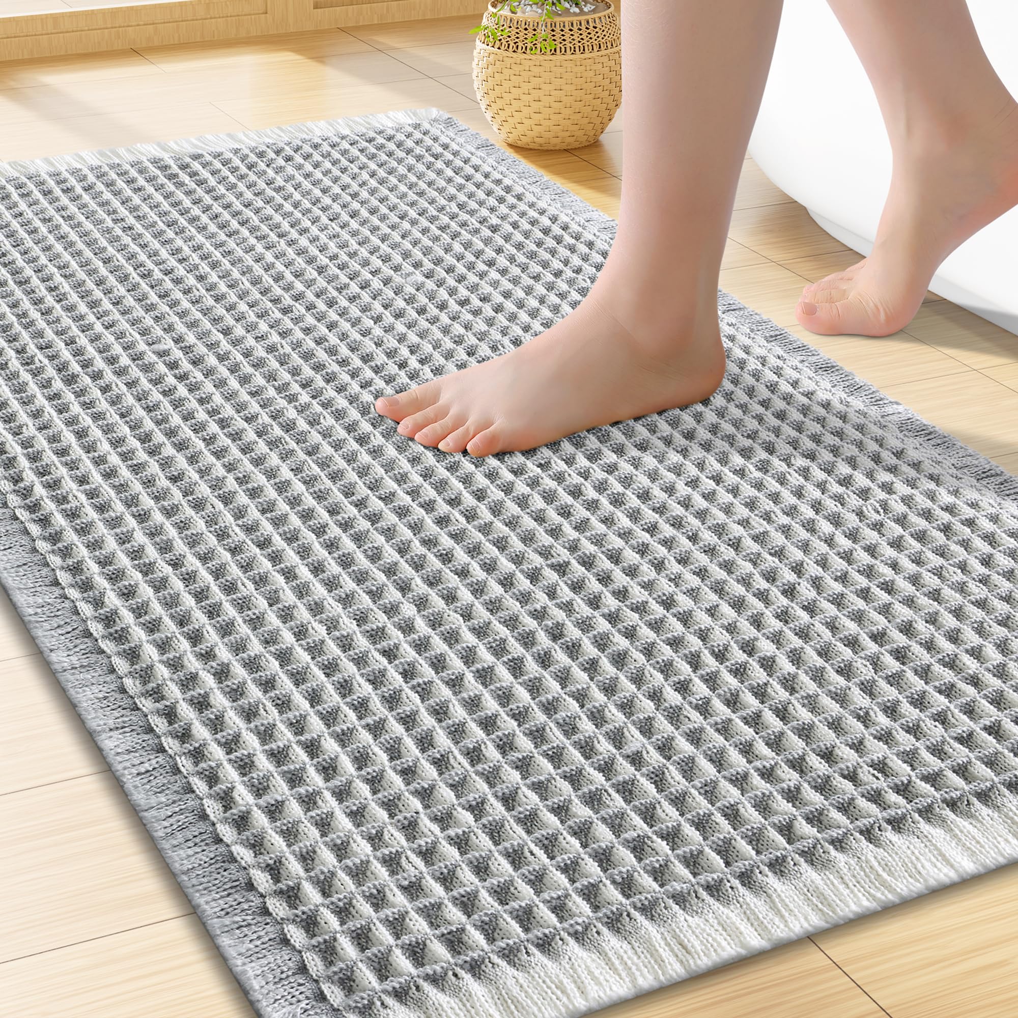 Smiry Waffle Bath Mat 24X16, Soft Absorbent Bathroom Rug, Lightgrey &amp; Cream