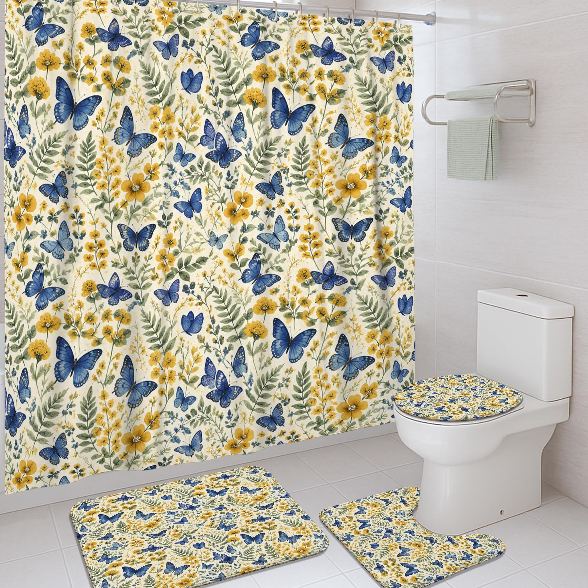 Rideau de douche anti-projections motif papillon et tapis doux pour sol sec