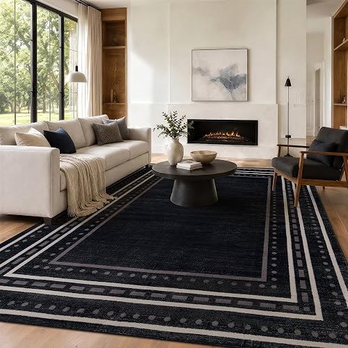 Rugshop Dotted Border Machine Washable Non-Slip Area Rug, 7'10"x10' Black