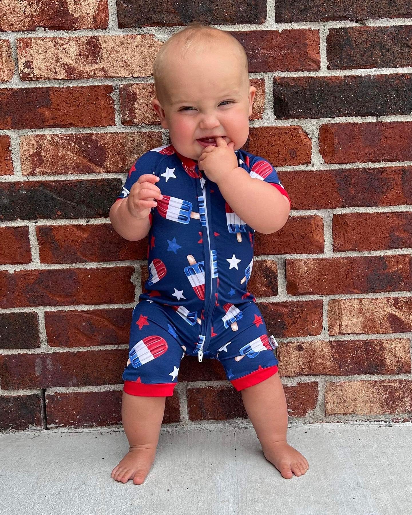 Lamuusaa Unisex Baby Girl Boy 4th of July Outfit Short Sleeve American Flag Romper Zipper Bodysuit Jumpsuit 0-18M (Ice Cream Blue, 0-3 Months)