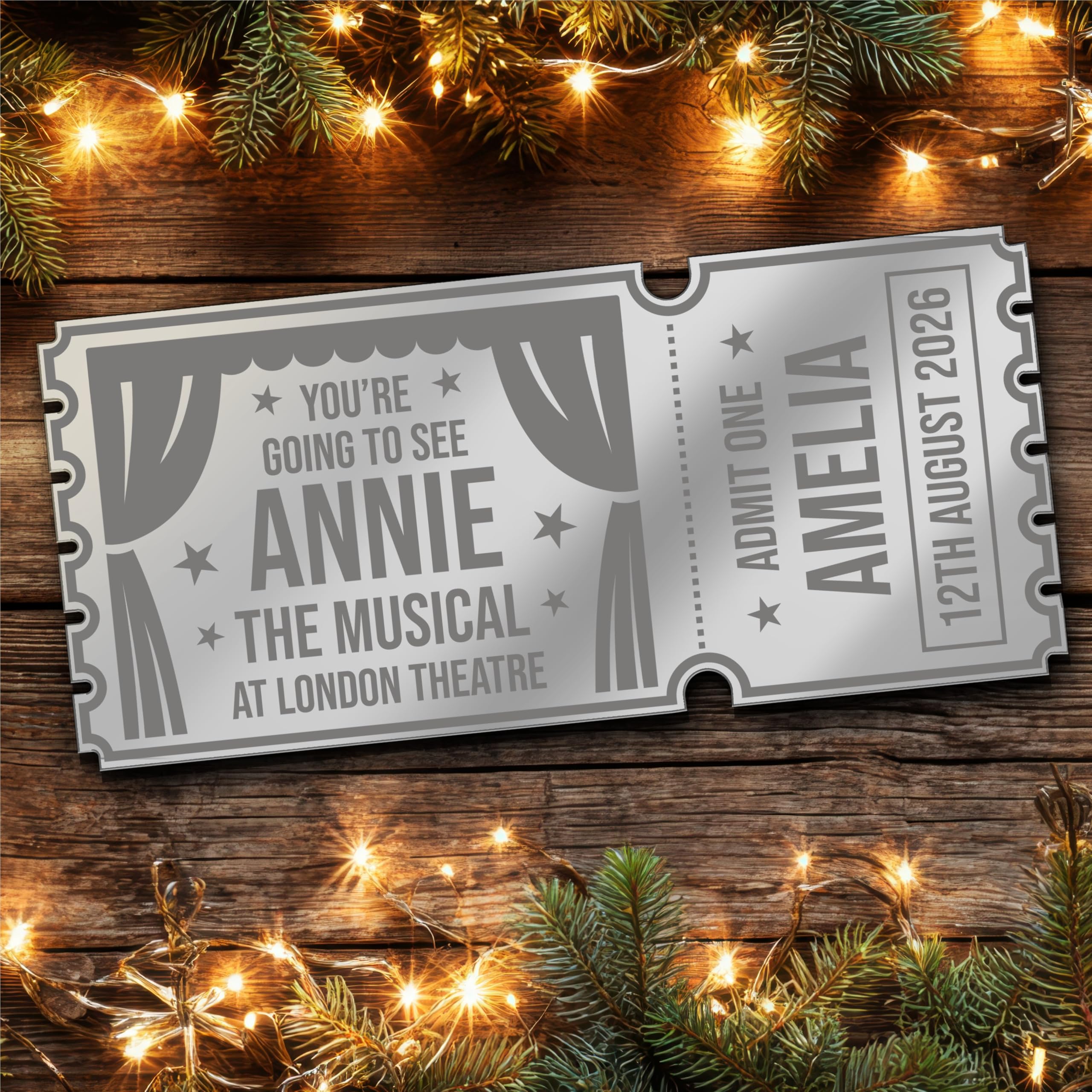 Silver Mirror Acrylic Ticket Any Musical Theatre Personalised Any Text Voucher | Custom Surprise Reveal Voucher Ticket | Announcement Greeting Card | Note Card