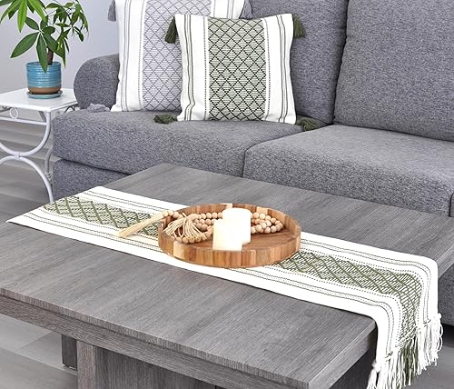 Miniatura 6 de Juego de 2 fundas de almohada geométricas a cuadros de 20 x 20 pulgadas, estilo bohemio, color verde oliva, con borlas de diseño, fundas de cojín