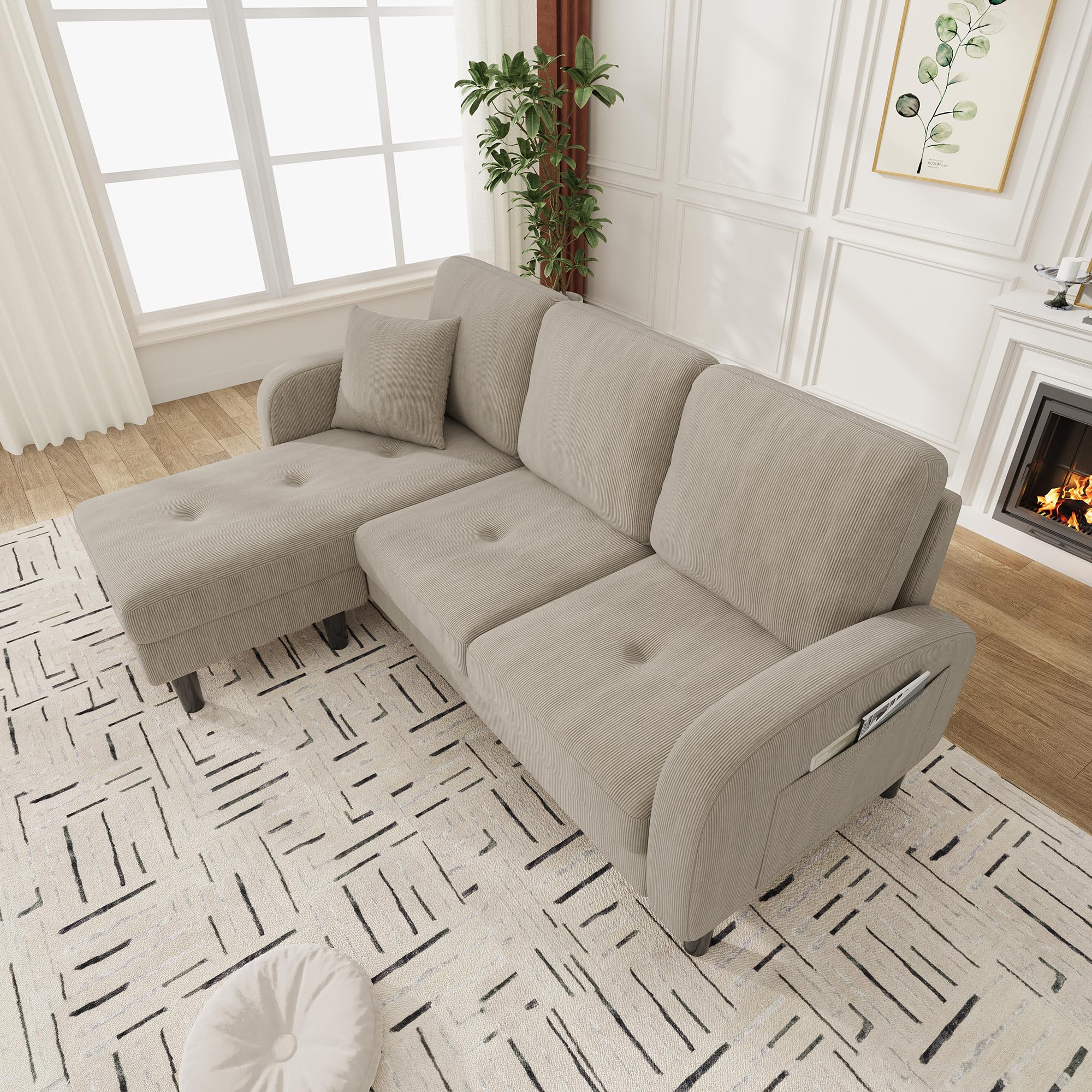 Divano angolare compatto a forma di L con chaise longue, divano a 3 posti per piccoli spazi, divano modulare per soggiorno in tessuto di lino e cotone traspirante, ideale per appartamento e ufficio
