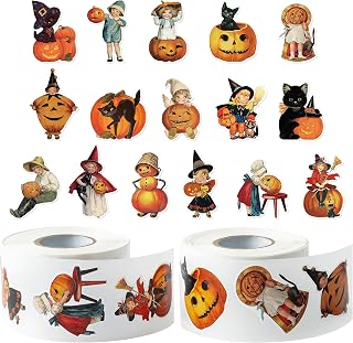 W1cwey 1000pcs Vintage Halloween Sticker Rolls (2 Rolls), Retro Style Pumpkin Black Cat Self Adhesive Sticker Cute Victorian Style Sticker for Halloween Party Favor Supply Water Bottle Scrapbook Decor