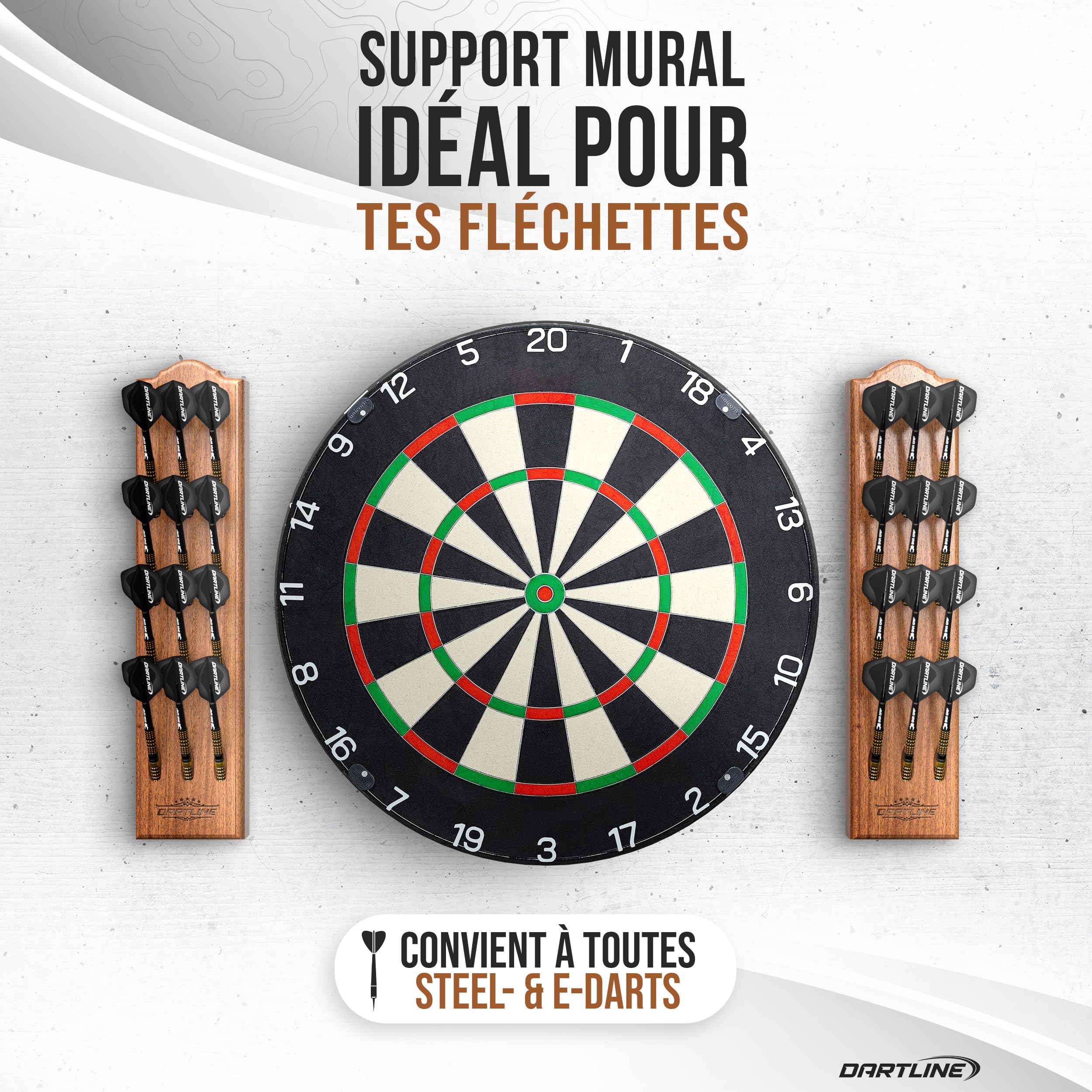 Porte-fléchette Mural en Bois pour 12 fléchettes - Support Mural pour fléchettes Acier et Soft - Accessoire Darts de qualité (Marron, Forme Allongé)