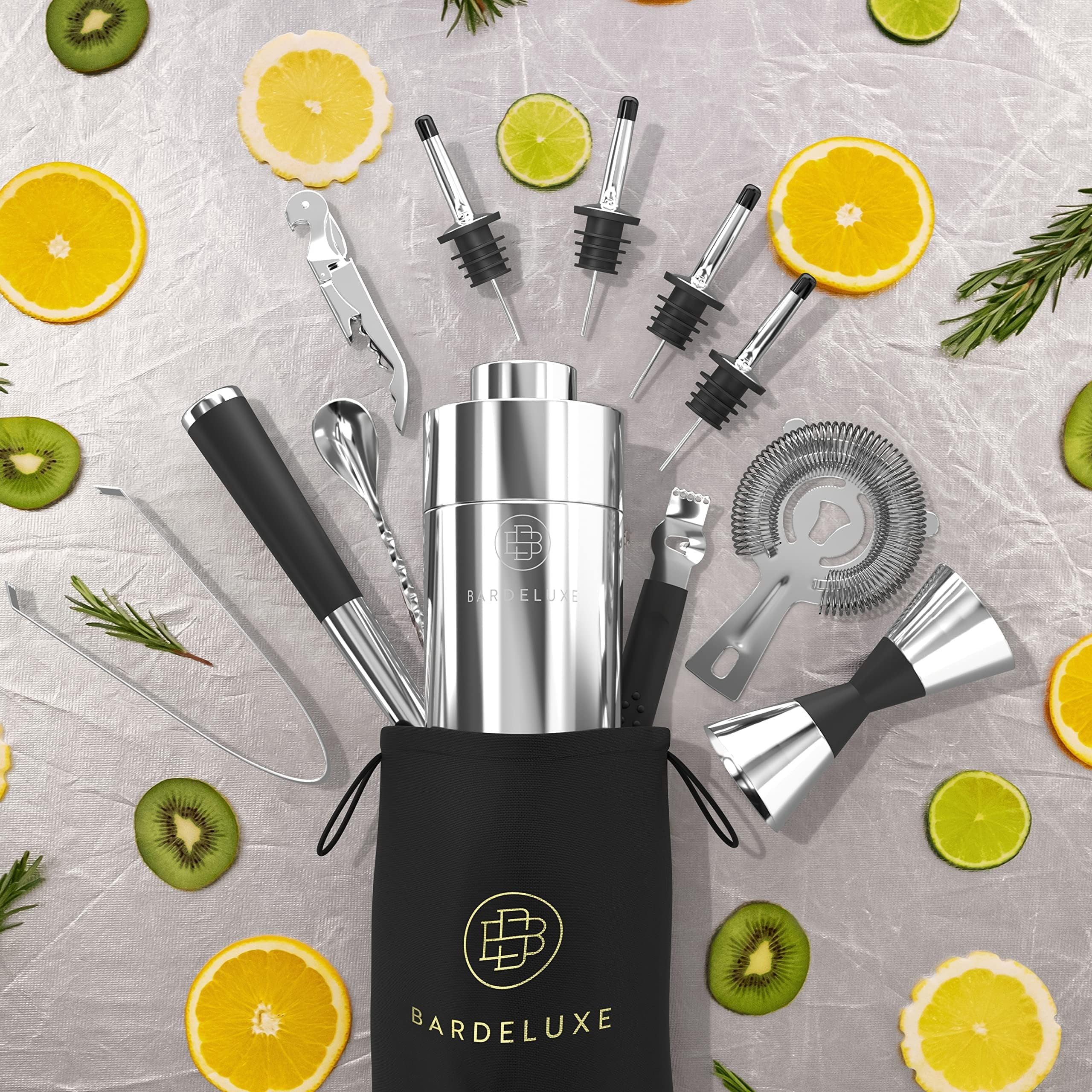 BarDeluxe® Kit Cocktail, 12 Pièces, Kit Cocktail Professionnel | Shaker Cocktail 750ml, Acier Inoxydable | Cocktail Shaker Kit, Kit Barman, Cocktail Kit | Set de Cocktail (Argent)