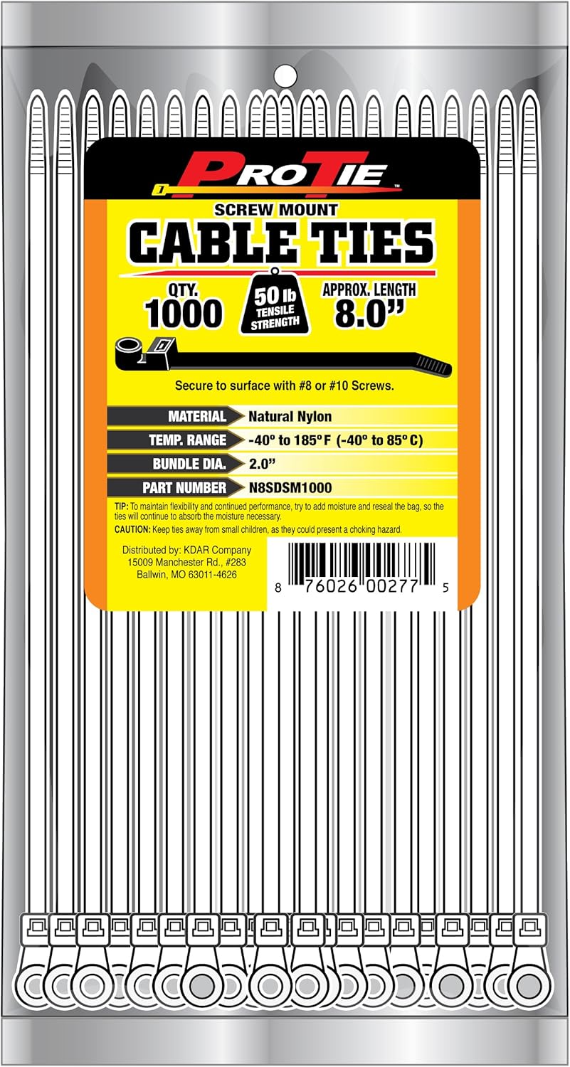 Pro Tie N8SDSM1000 8-Inch Screw Mount Standard Duty Cable Tie, Natural Nylon, 1000-Pack