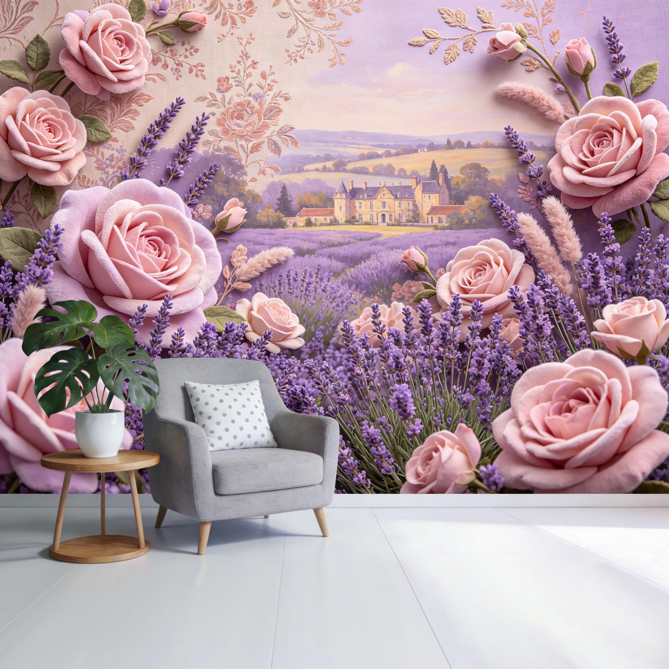 Custom Size Wall Mural Lavender Field Roses Vintage Landscape Botanical Pastel Floral SelfAdhesive Wall Fabric Removable Wallpaper for Home Office Decor