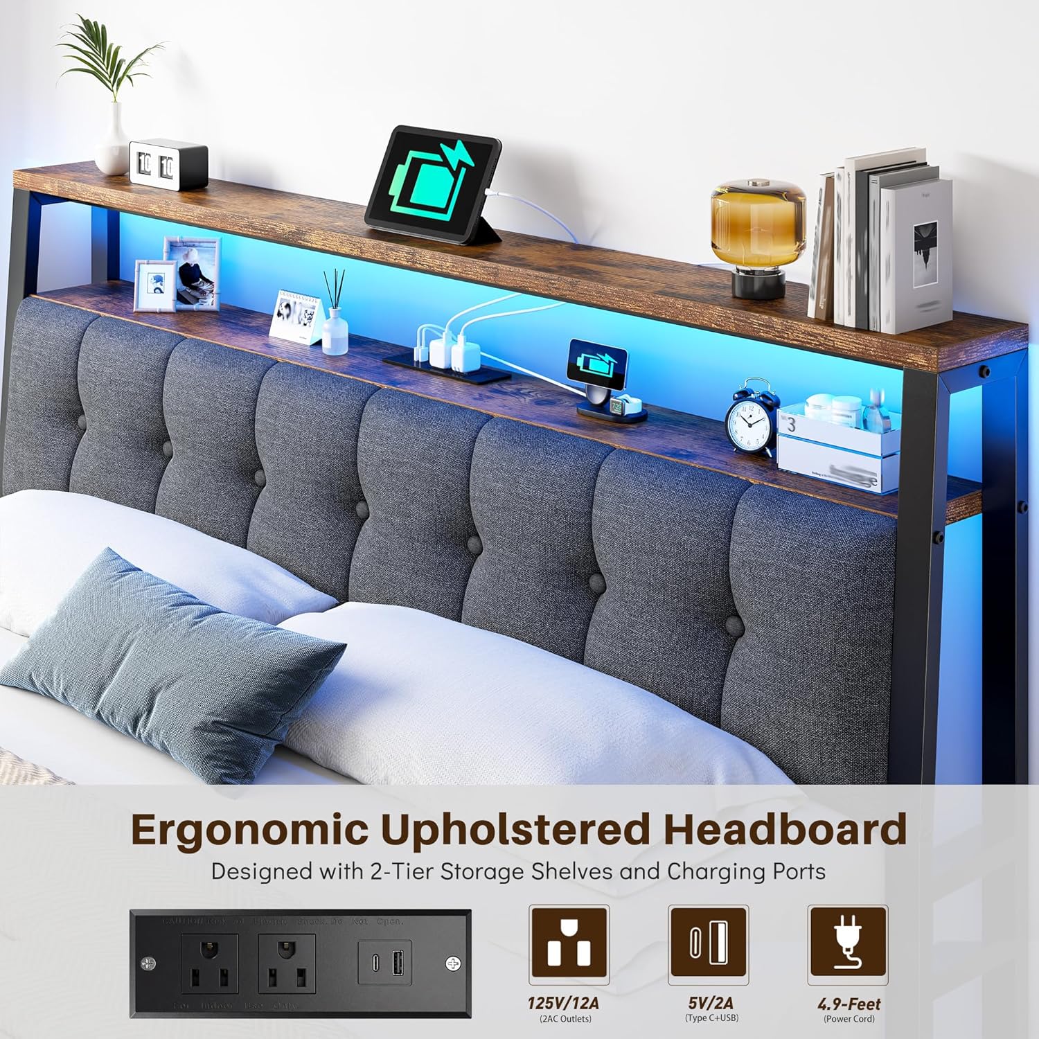 Homkdom King Bed Frame with Charging Station and LED Lights, Grey Upholstered Headboard with 2-Tier Storage Shelves,12" Under-Bed Storage, No Sliding, Noiseless, 1100LBS,76.2W*88L*40H