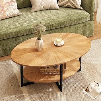 Wood Oval Coffee Table w/Storage Shelf, 2-Tier,Natural Wood Color
