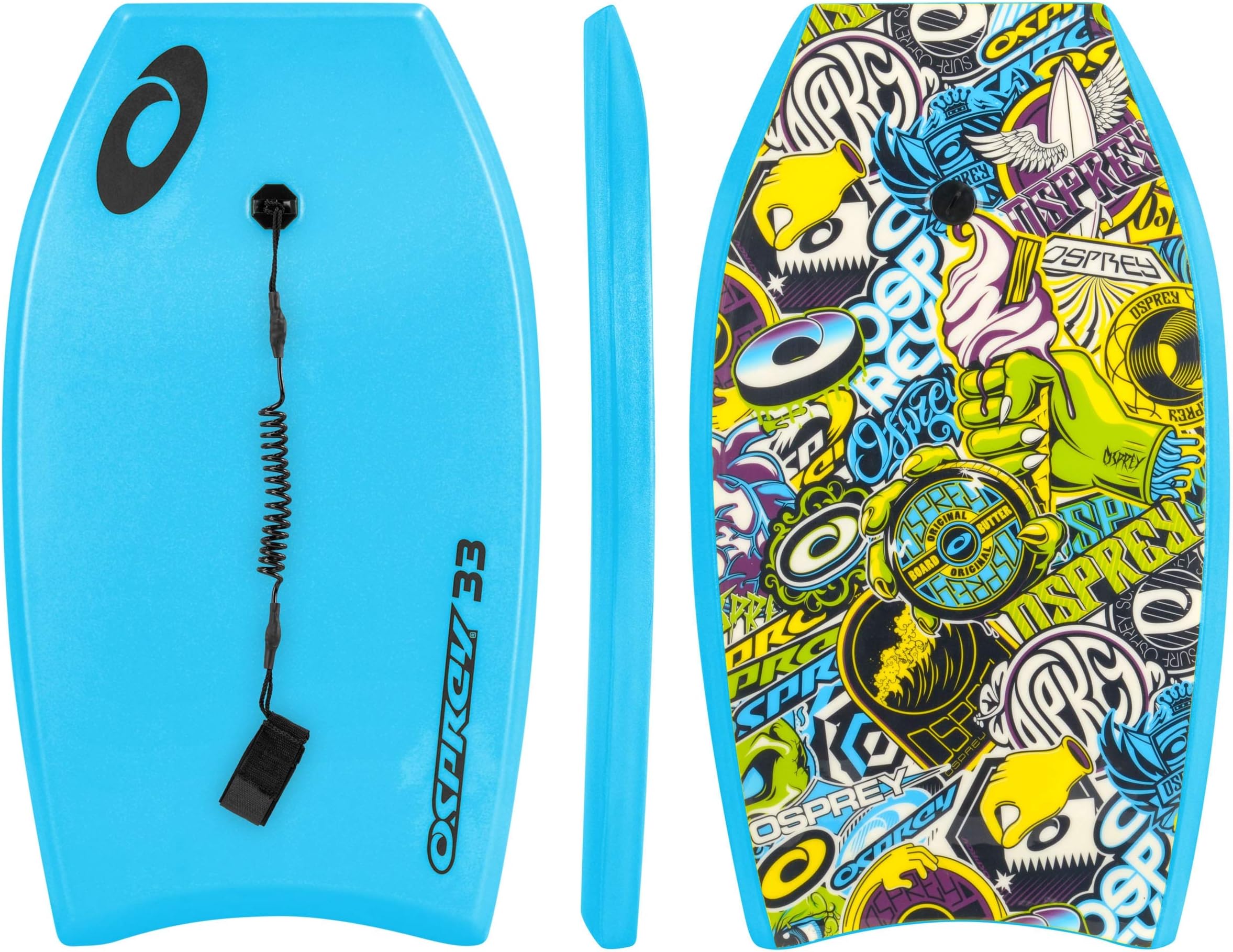 Osprey 37” BodyBoard with Adjustable Wrist Leash for Kids and Adults, Lightweight Bodyboard with XPE Deck, Crescent Tail and EPS Core, Multiple Colours and Design