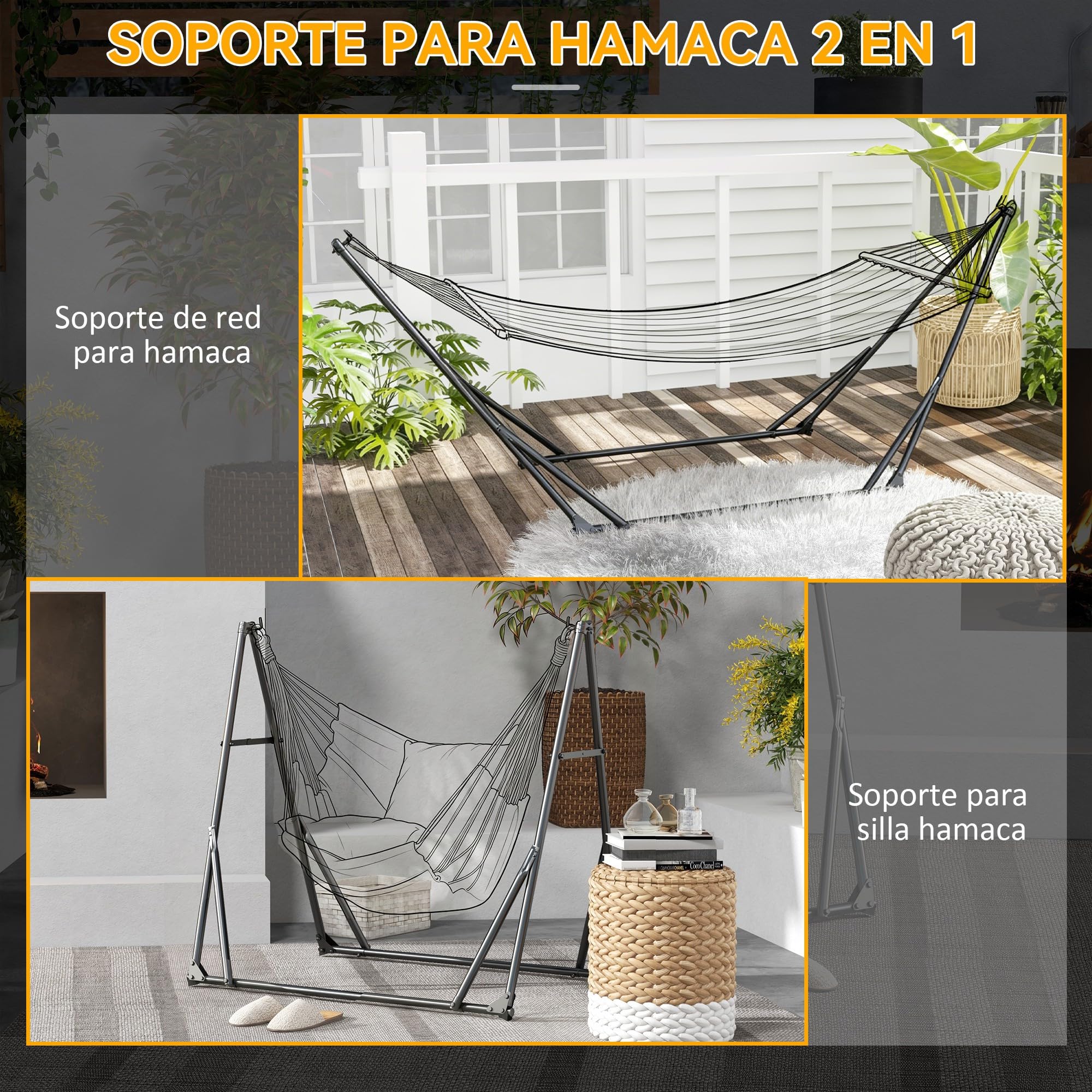 Outsunny Soporte para Hamaca Plegable Portátil, 2 en 1, Soporte para Silla Colgante con Estructura de Metal y Bolsa de Transporte, Carga 120 kg, para Hamaca 2,5 m y Silla 1,5 m de Largo, Negro