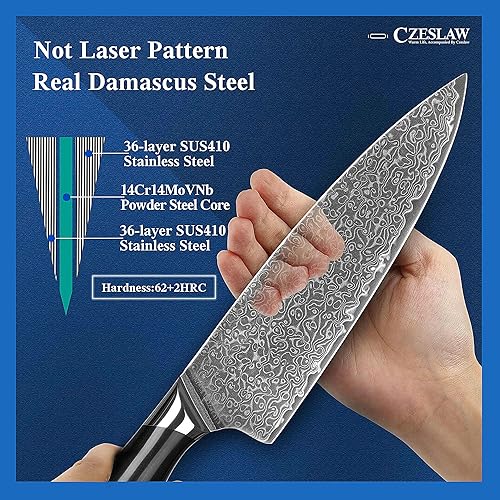 Miniatura 5 de Juego de 3 cuchillos de cocina japoneses de damasco, cuchillo de chef profesional afilado negro, uso de forja de acero de damasco premium, con mango