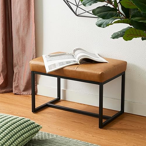 Miniatura 10 de glitzhome Banco otomano, moderno taburete de tocador de piel sintética con marco de metal, taburete de maquillaje, taburete acolchado para