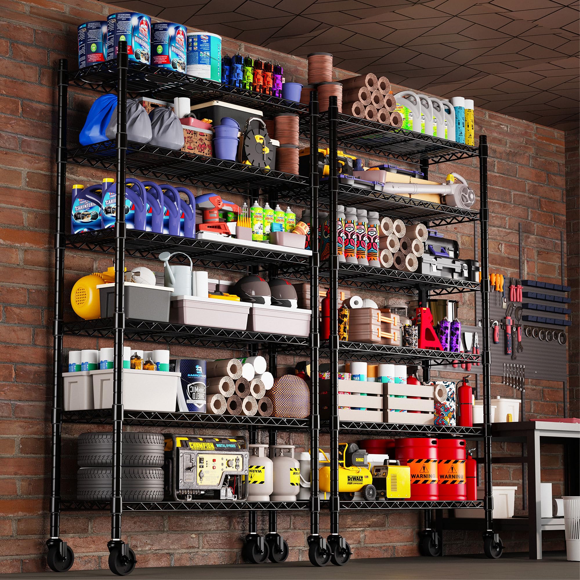 YOHKOH 6-Wire Heavy Duty Shelving Metal Storage Rack with Wheels, MAX 2000LB, Carbon Steel Adjustable Unit Shelves for Laundry Garage Kitchen (36L x 14W x 74.9H, Black)