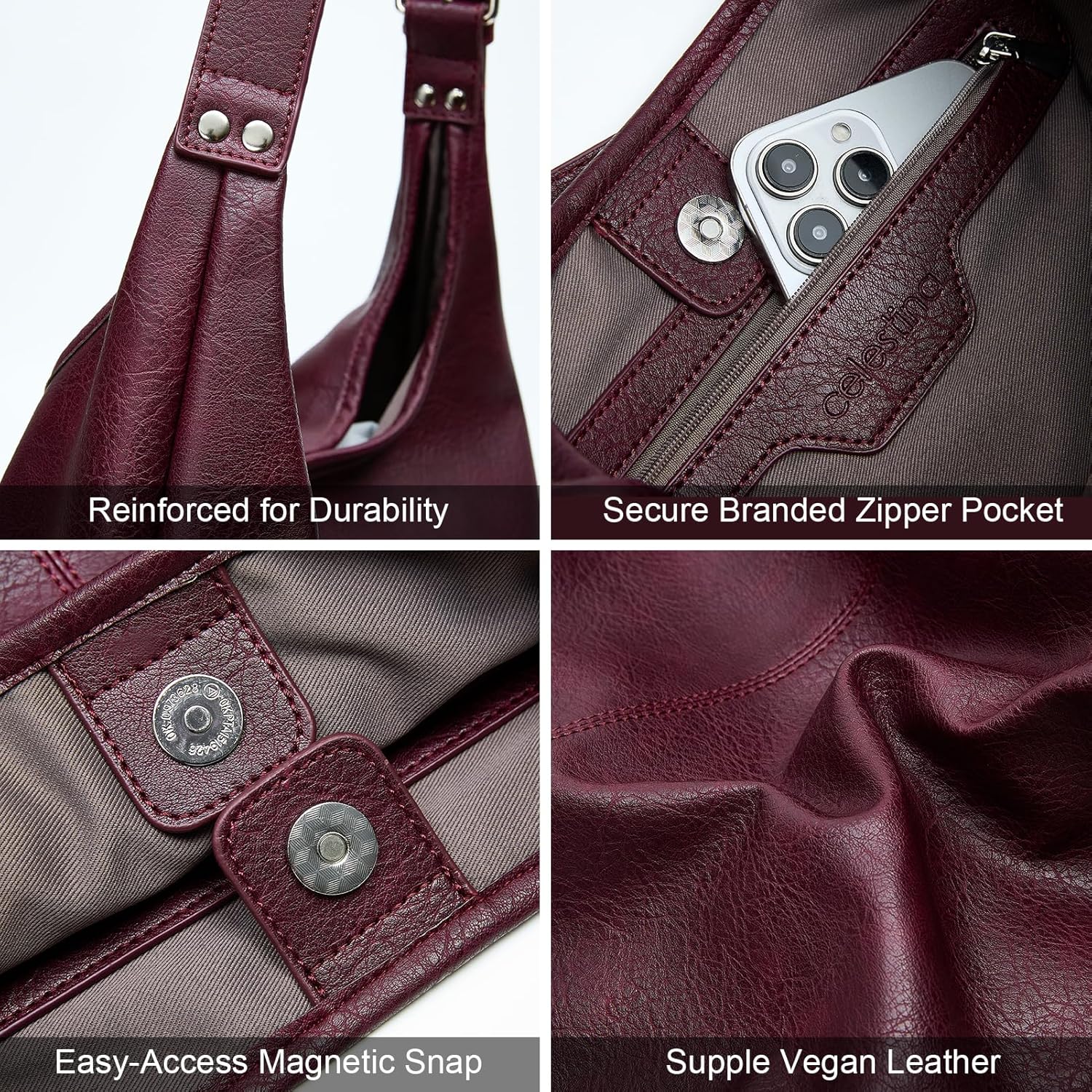 Hobo Bag for Women, Soft Vegan Leather Slouchy Shoulder Tote Purse with Matching Pouch, Adjustable Strap & Magnetic Closure - Image 5