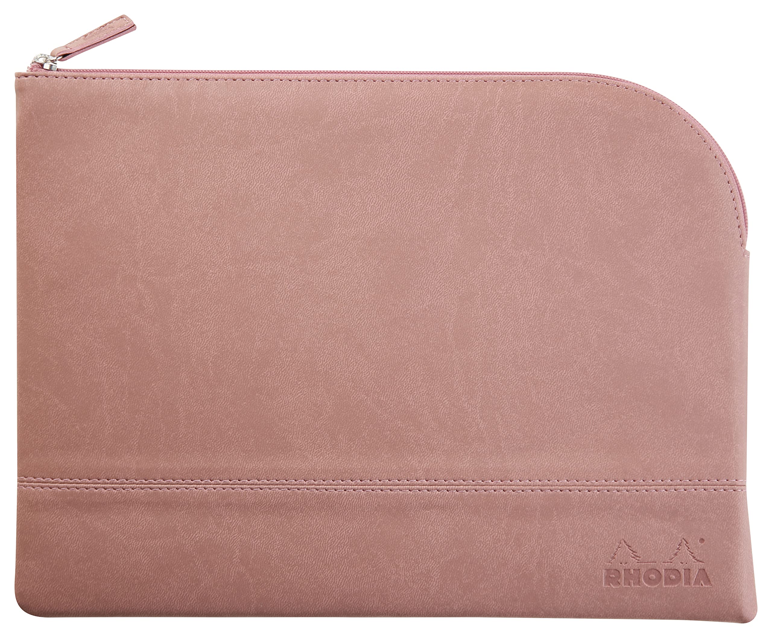 RHODIA 116729C - Faux Leather Zippered Pouch - Rosewood - Size L (21 x 28cm) Genuine Stitching - Orange Fabric Interior - Storage for Documents, Small Supplies