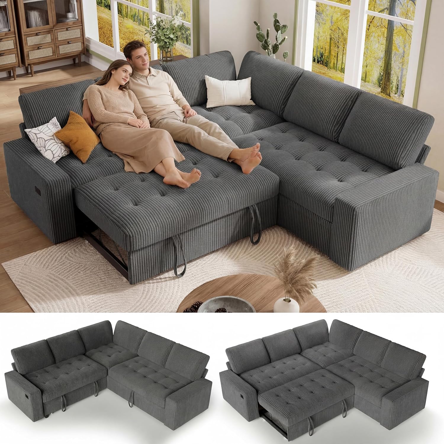 Vipbear Pull Out Sofa Bed Sectional Sleeper Sofa with Reclining Backrest & Storage, Plush Pullout Modular Sectional Couches with USB Charging, L Shaped Convertible Couch Bed for Apartment, Grey | Breathable material, Tool-Free Assembly