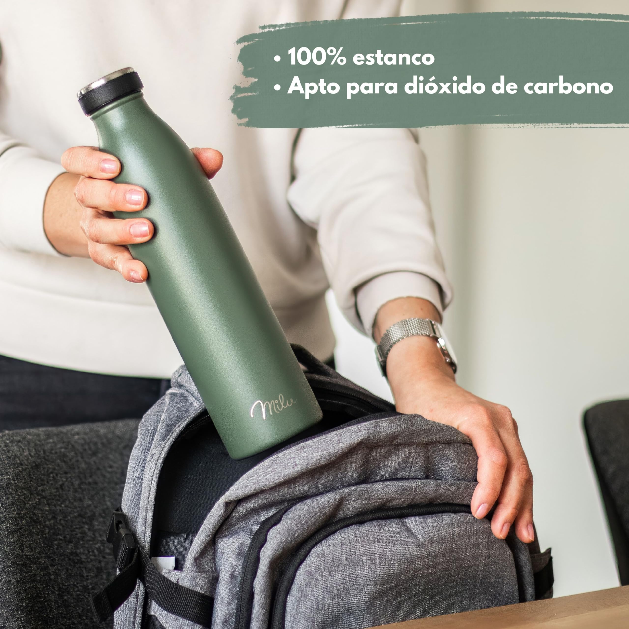 Milu Botella de acero inoxidable de 350ml 500ml 750 ml 1 L 1,5 L botella de agua aislada, termo a prueba de fugas, doble pared, apta para ácido carbónico + cepillo de limpieza (Verde oliva, 1,5 L) - 4