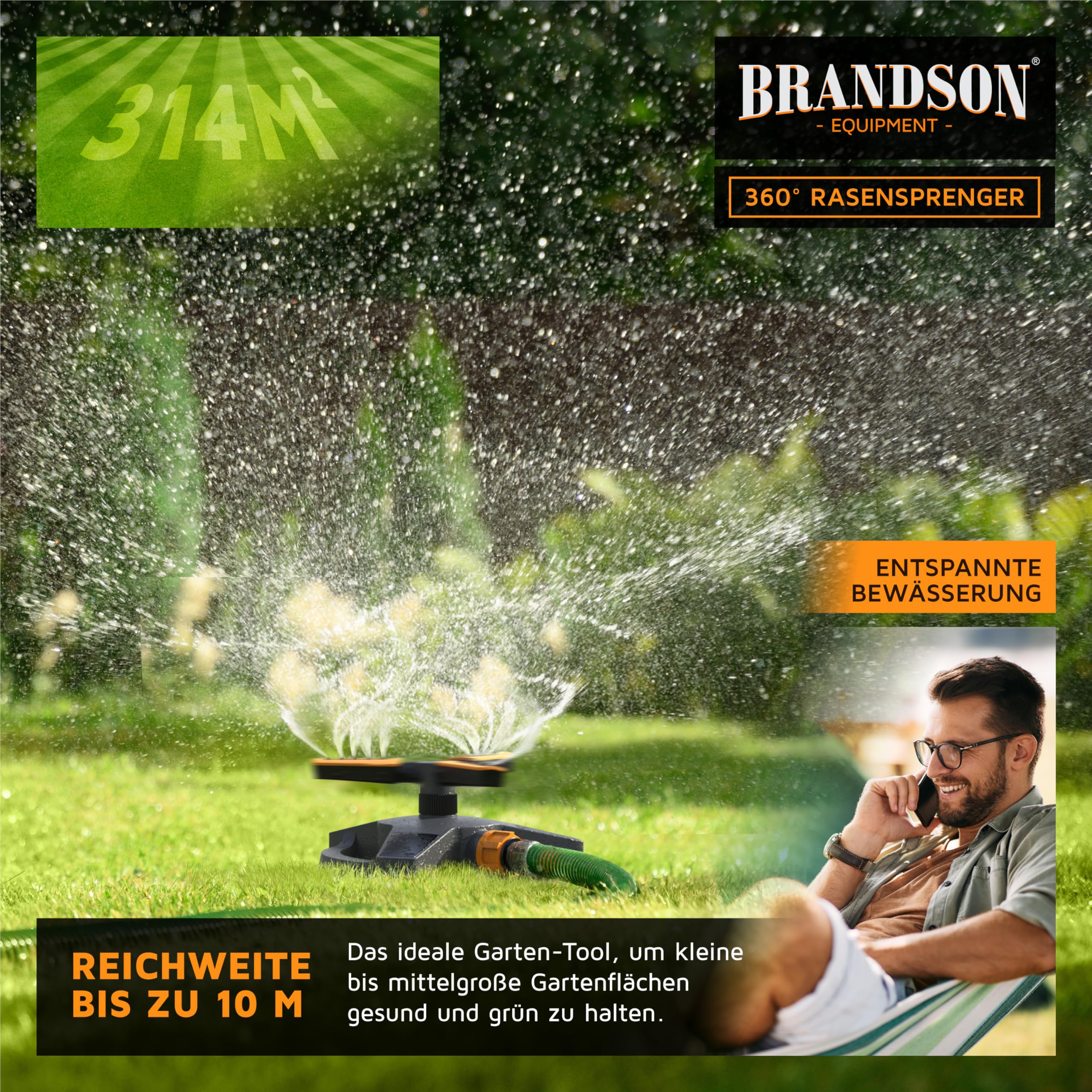 Brandson – Viereckregner 360 Grad für große Flächen - Rasensprenger 3/4 Zoll - 18 Düsen - unterschiedliche Abstrahlwinkel - rotierender Wassersprinkler – DREI Arme – für Garten Pflanzen Beete