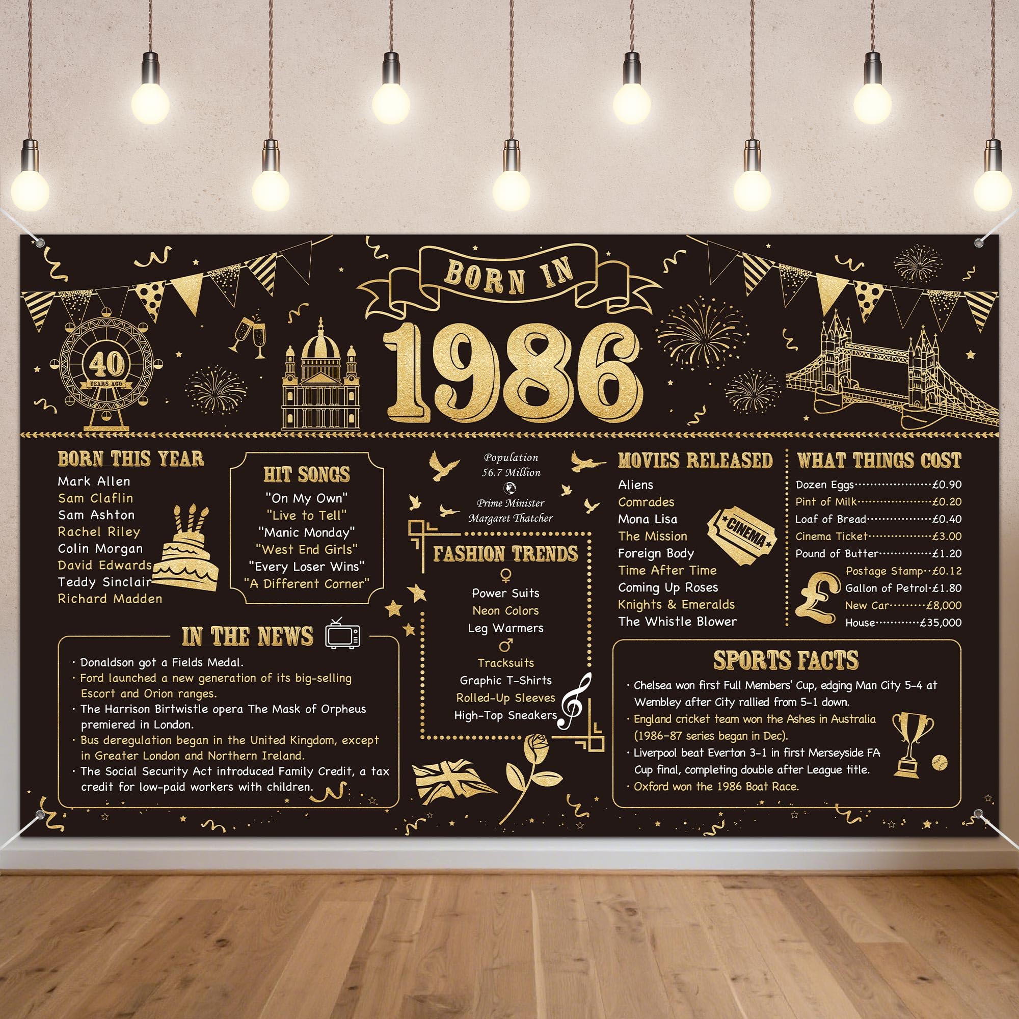 Benjia 40th Birthday Banner Decorations for Men Women Born in 1986 UK Background Happy 40 Years Old Birthday Backdrop Cheers to 40 Years Banners Black Gold Poster Bday Gift Home Decor Party Supplies